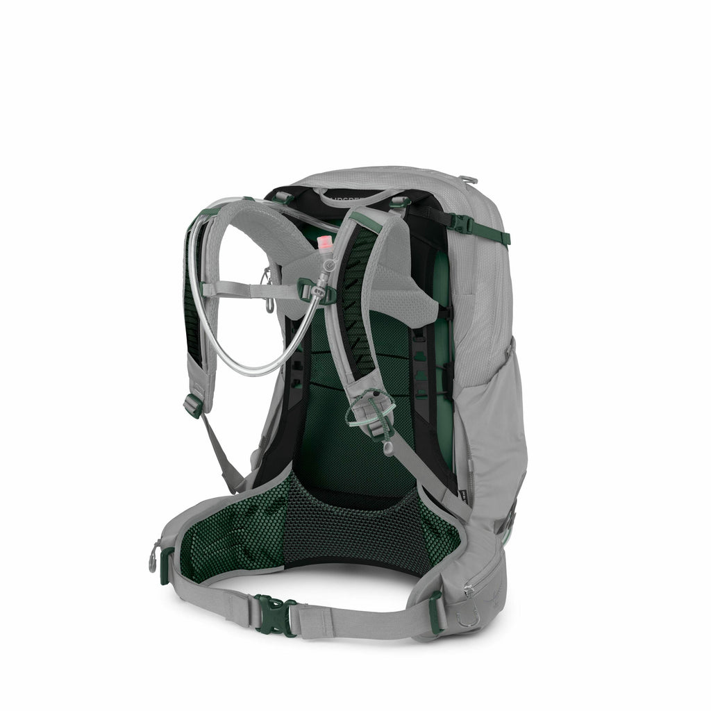 The image displays a detailed view of a hiking or trekking backpack. The backpack features a light grey and green color scheme, with a focus on ergonomic design elements. It includes padded shoulder straps, a waist belt for additional support, and a mesh