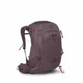 The image features an Osprey Mira 34 backpack designed for hiking or outdoor activities. It is predominantly plum-colored with several compartments and adjustable straps for securing the contents and ensuring comfort when worn. The backpack is equipped wi