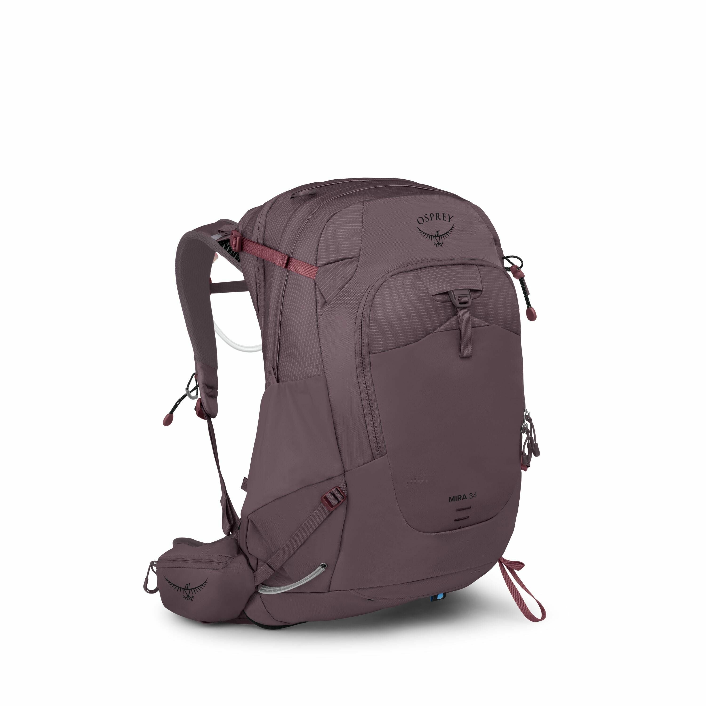 The image features an Osprey Mira 34 backpack designed for hiking or outdoor activities. It is predominantly plum-colored with several compartments and adjustable straps for securing the contents and ensuring comfort when worn. The backpack is equipped wi