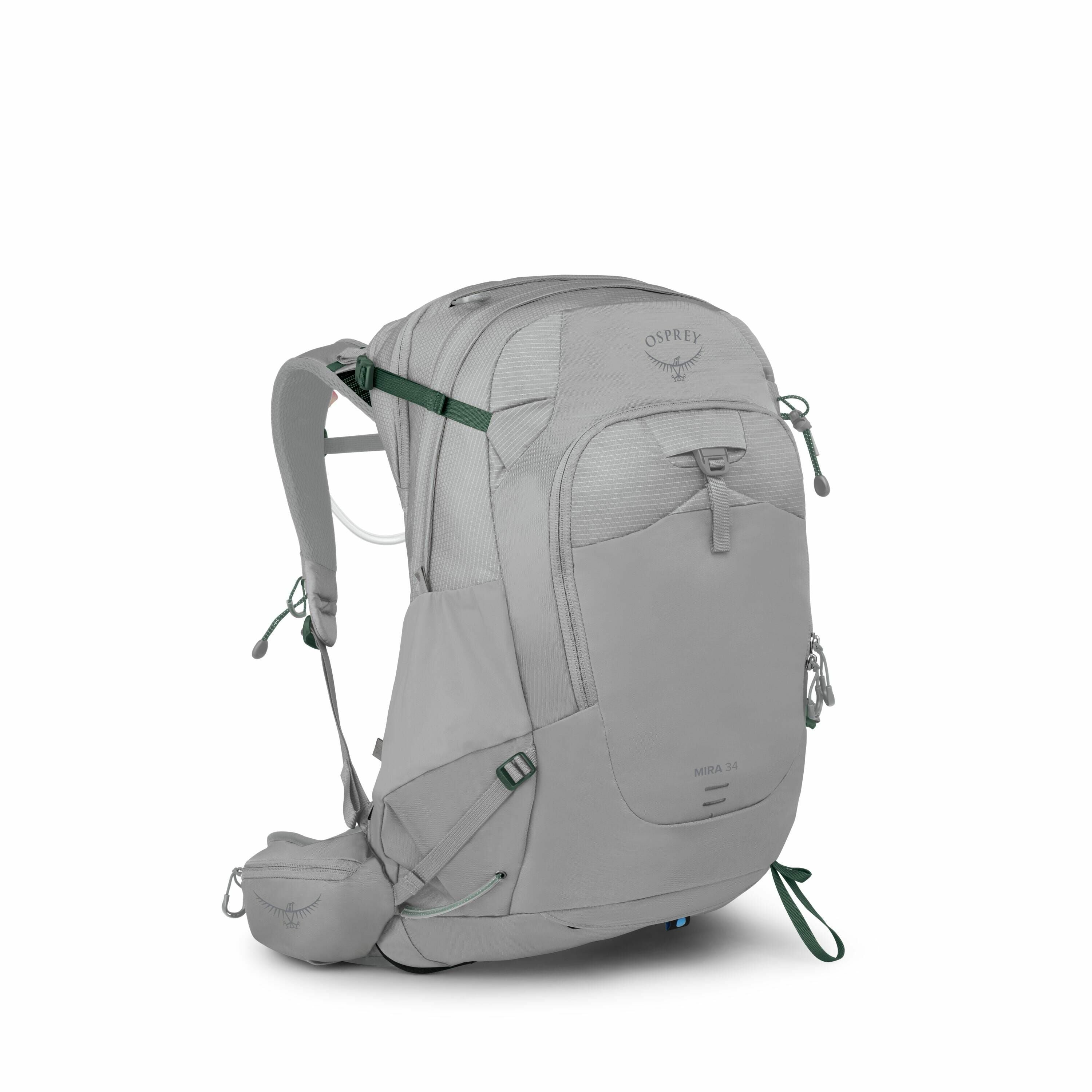 The image showcases an Osprey Mira 34 backpack in a light gray color. It features multiple compartments, including a large main section, a front zip pocket, and smaller pockets on the sides. The backpack is designed with adjustable shoulder straps and a p