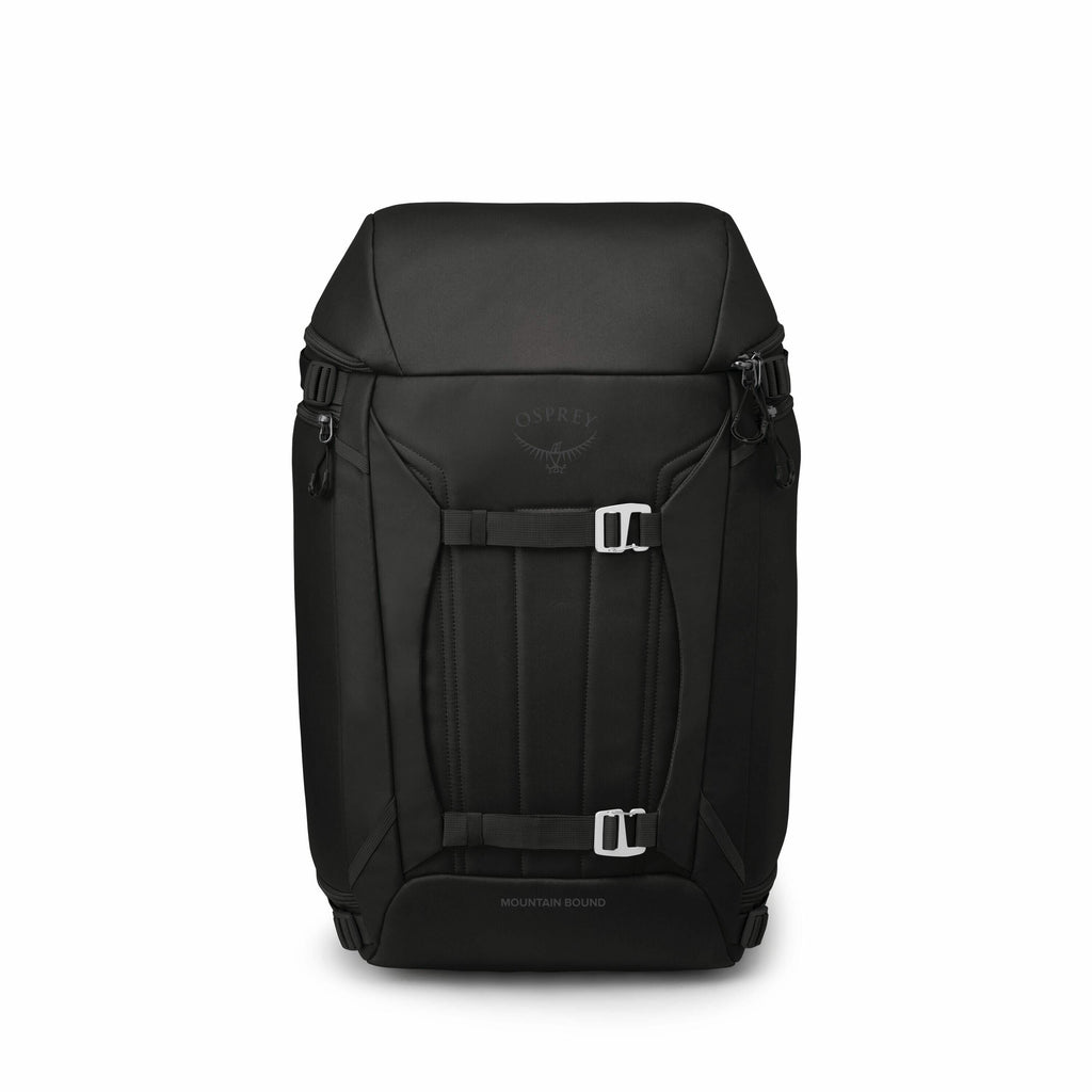 The image shows a black backpack with a sleek and minimalist design, branded with the name "Osprey" and the model "Mountain Bound." The backpack features a top flap that likely opens to a main compartment, and is adorned with adjustable side straps for se