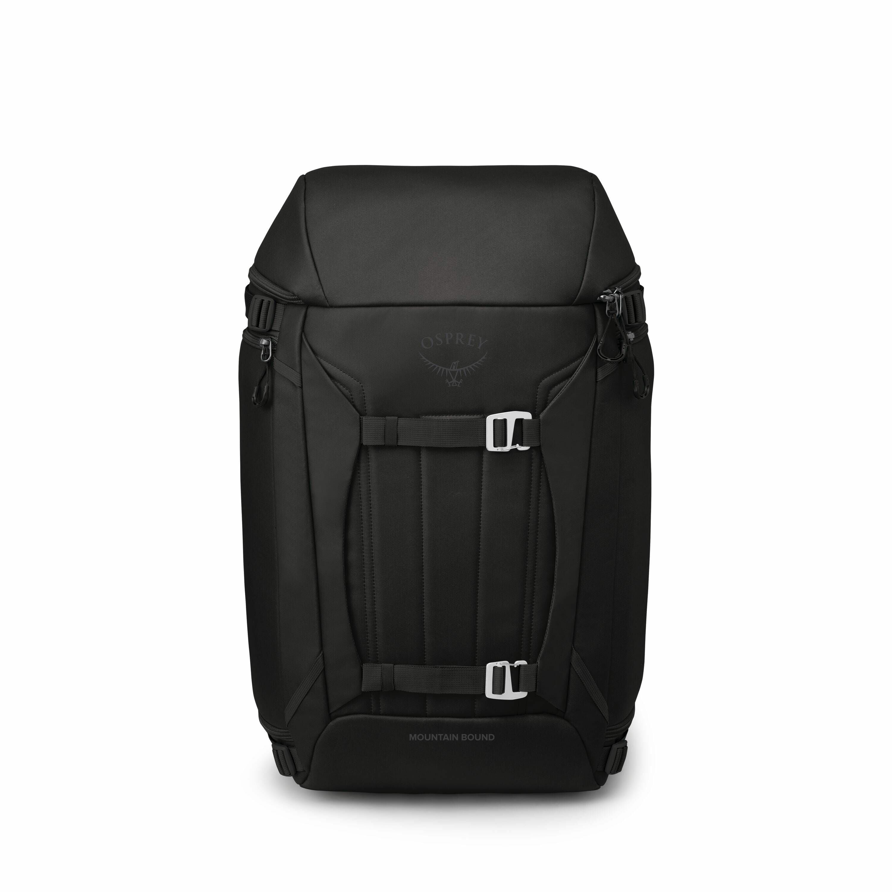 The image shows a black backpack with a sleek and minimalist design, branded with the name "Osprey" and the model "Mountain Bound." The backpack features a top flap that likely opens to a main compartment, and is adorned with adjustable side straps for se
