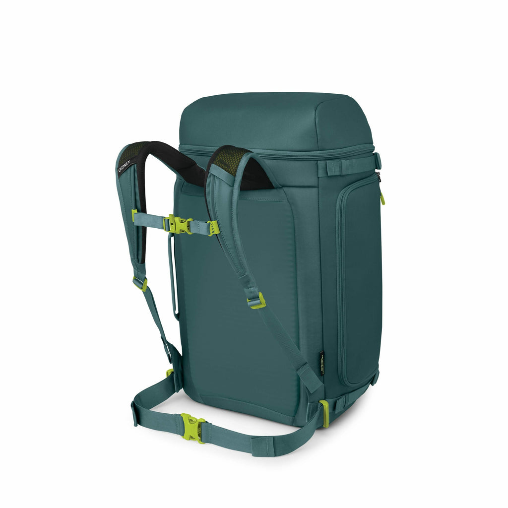The image appears to be a series of renderings or exploded views of a green backpack, highlighting its components and assembly. The first few images show the full backpack with its straps and compartments, primarily in a teal color with contrasting lime g