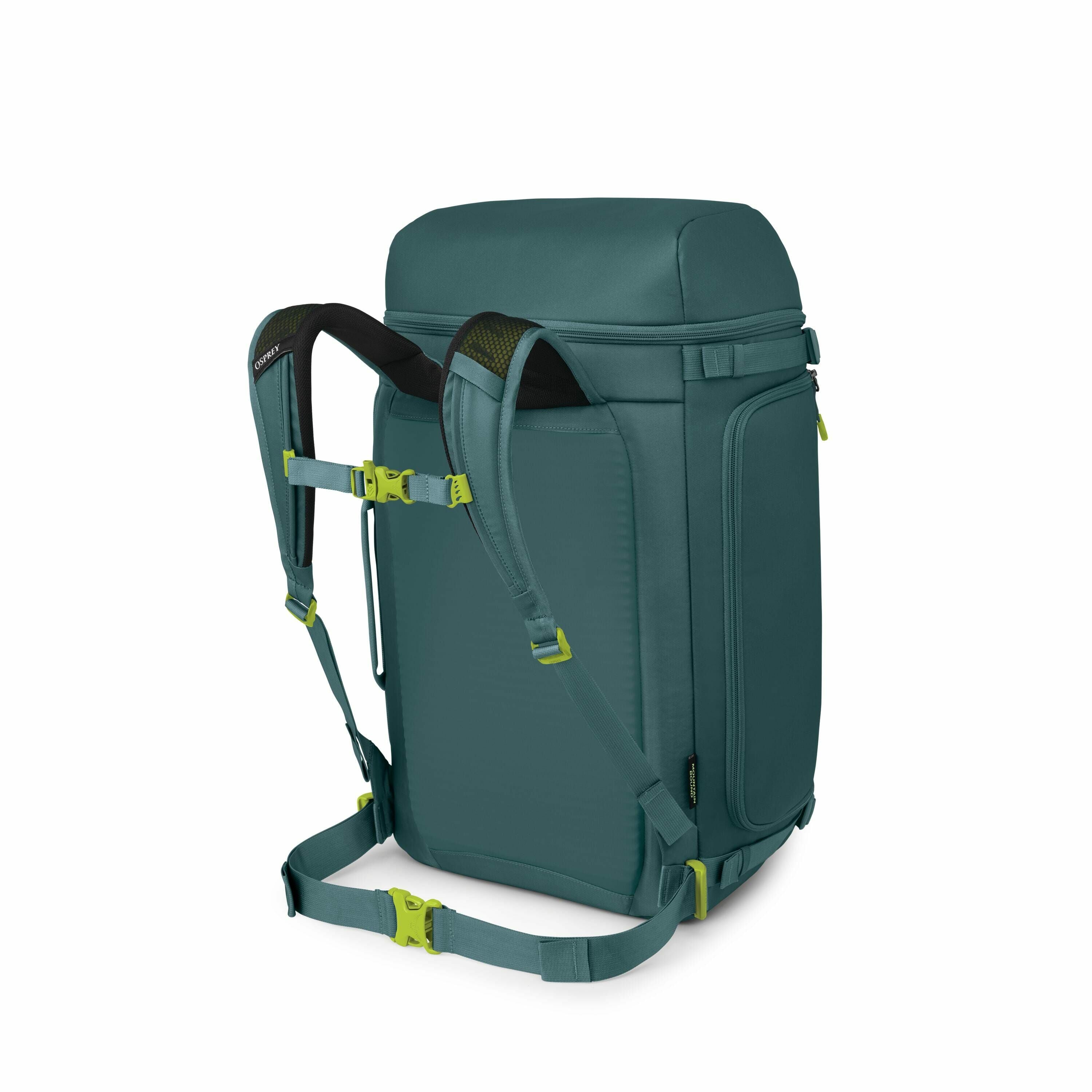 The image appears to be a series of renderings or exploded views of a green backpack, highlighting its components and assembly. The first few images show the full backpack with its straps and compartments, primarily in a teal color with contrasting lime g