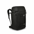 The images collectively show a black Osprey backpack with a sleek and minimalistic design. It features a top-loading compartment with two zippers, one on each side, and additional straps on the front for securing items or compressing the bag's contents. T
