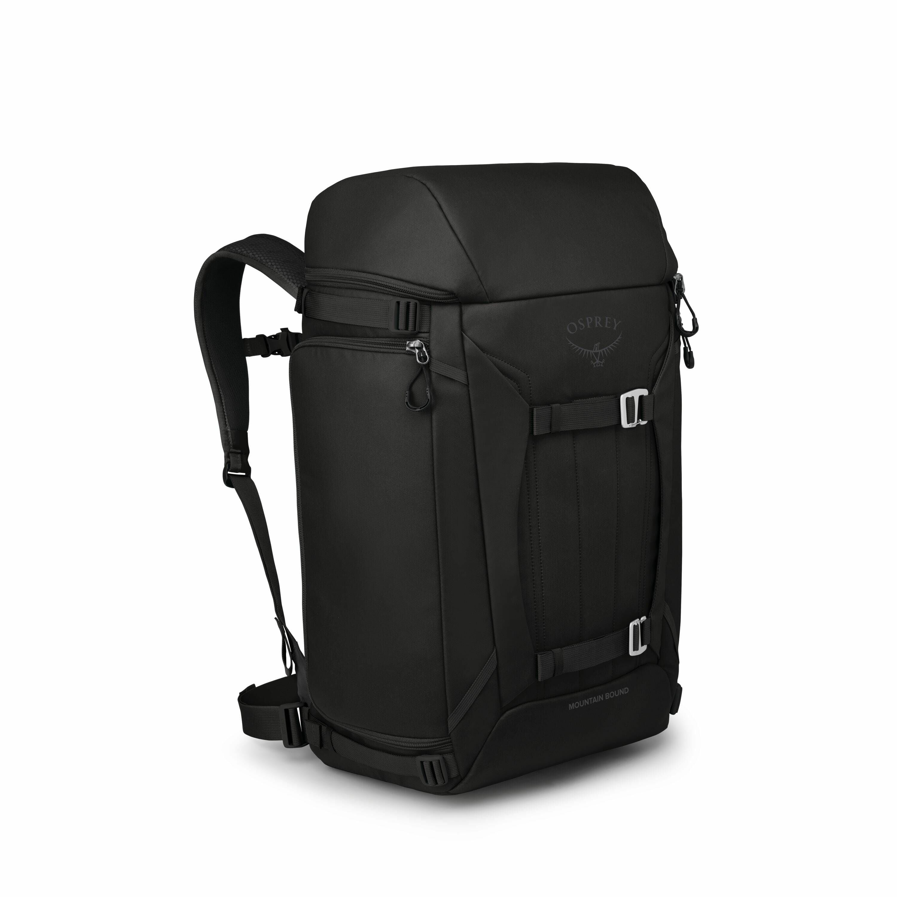 The images collectively show a black Osprey backpack with a sleek and minimalistic design. It features a top-loading compartment with two zippers, one on each side, and additional straps on the front for securing items or compressing the bag's contents. T