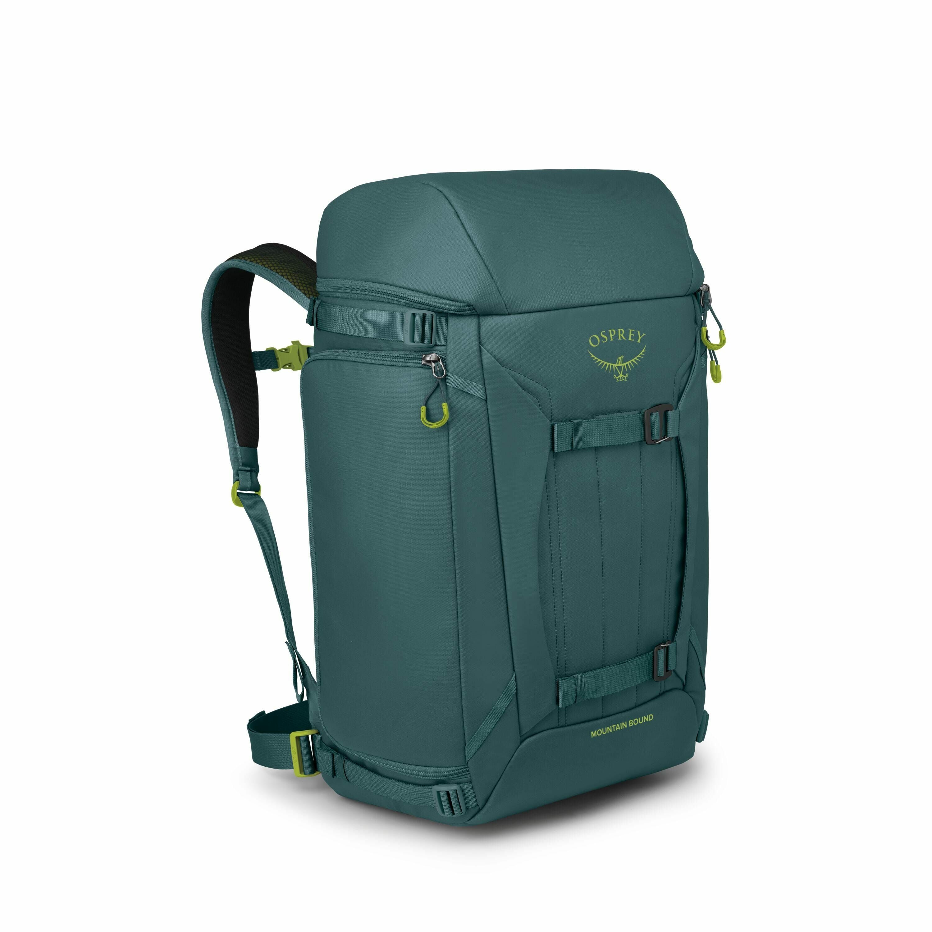 The image showcases a sturdy and functional Osprey backpack designed for outdoor use. It is primarily a teal color with some lime green accents, such as on the zippers and the logo. The backpack appears to have a rectangular shape, featuring multiple stra