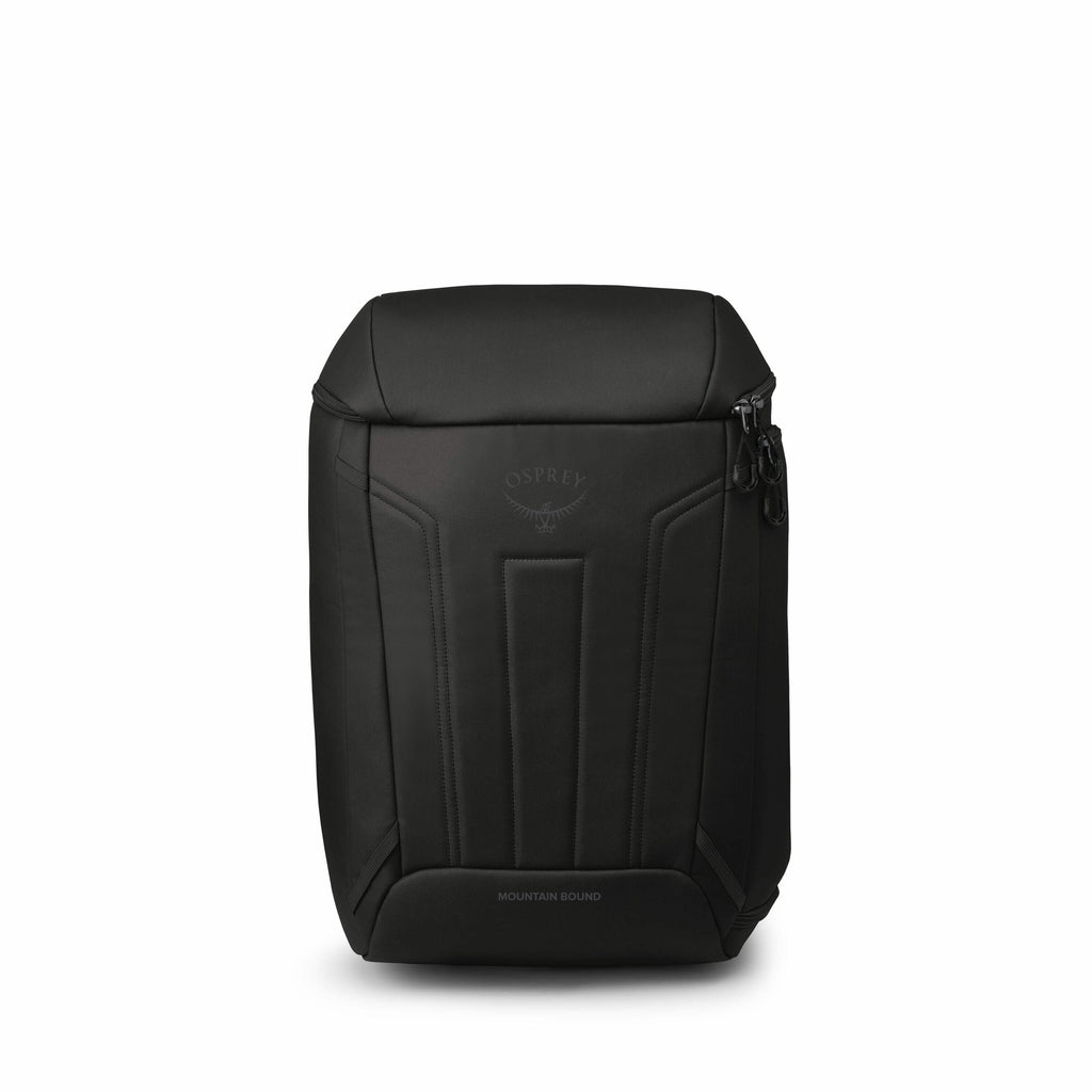 The image shows a sleek, black backpack with a minimalist and modern design. It features the Osprey logo subtly embossed on the front. The backpack has a structured, angular shape and appears to be made from a durable, possibly water-resistant material. T