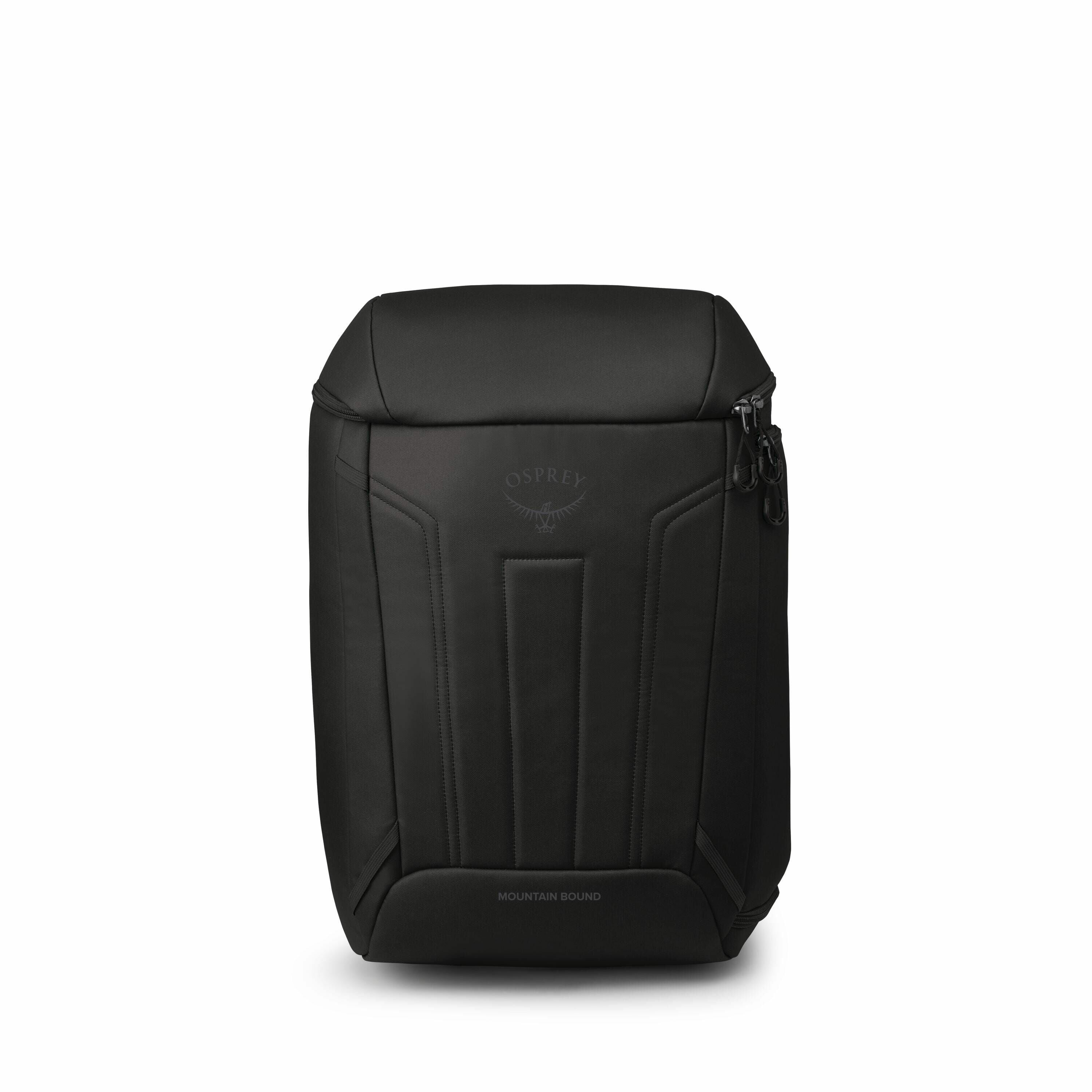 The image shows a sleek, black backpack with a minimalist and modern design. It features the Osprey logo subtly embossed on the front. The backpack has a structured, angular shape and appears to be made from a durable, possibly water-resistant material. T