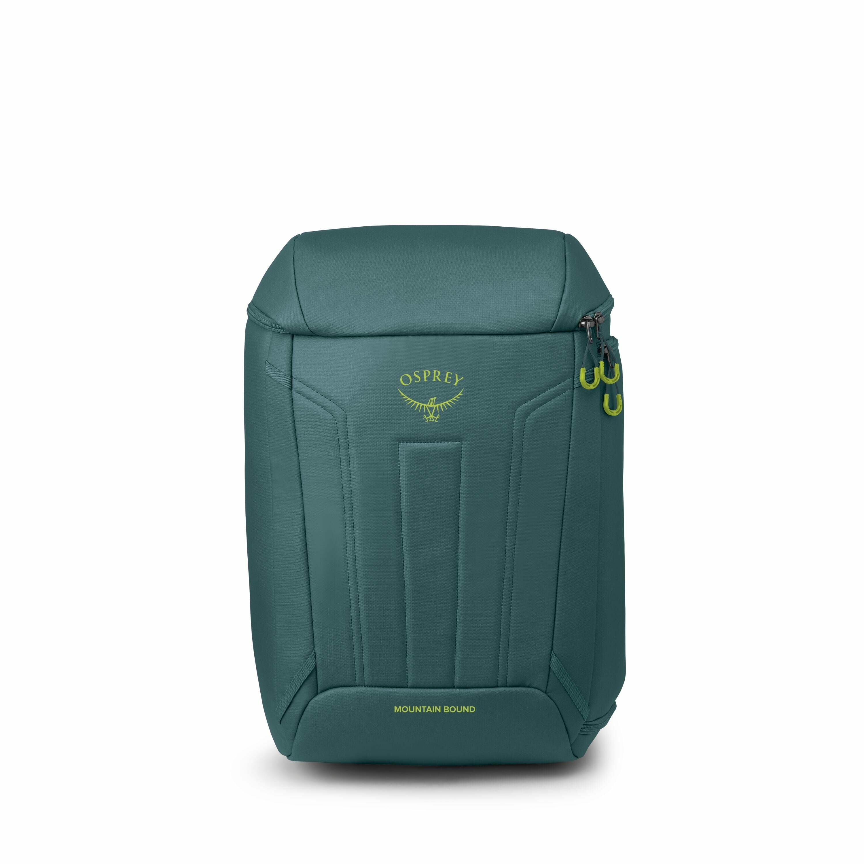 The images show a dark green backpack from the brand Osprey, with the model name "Mountain Bound" prominently displayed on the lower front. The backpack features a sleek and modern design with smooth, structured surfaces and a minimalist look. It includes