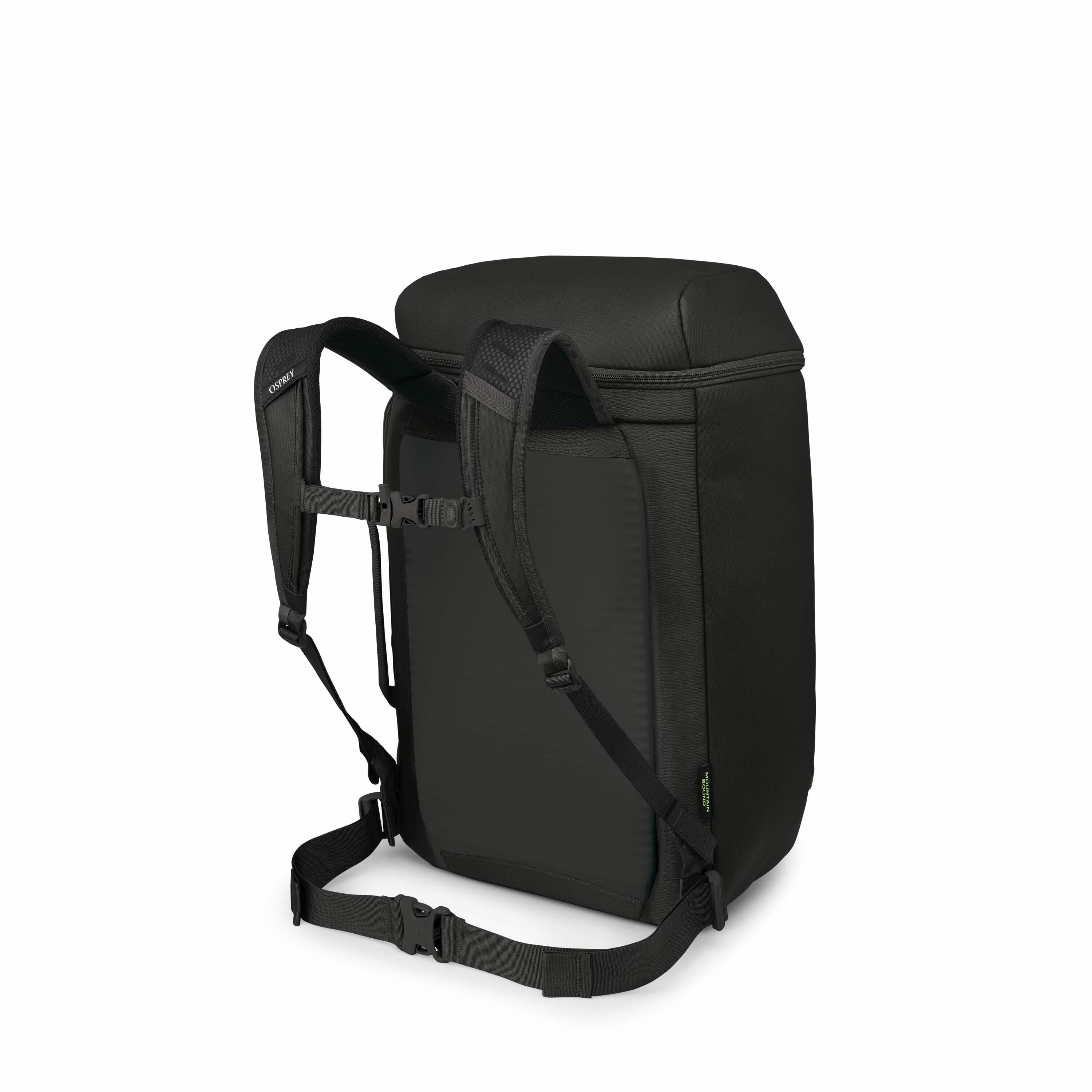 The images depict a series of renders showing a black backpack at different stages of assembly or disassembly. In the first two images, the backpack is fully assembled, showcasing its padded back, shoulder straps, and waist strap. As the sequence progress