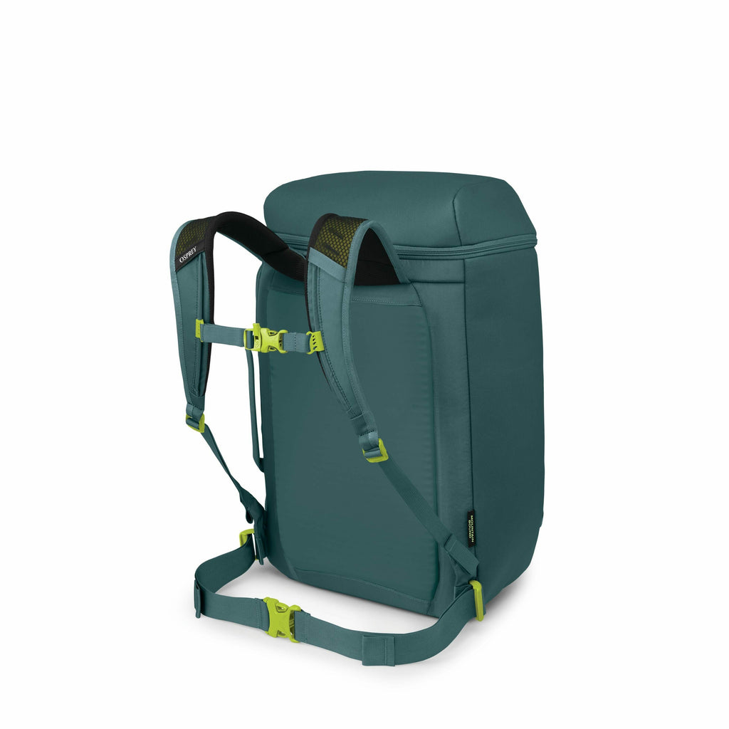 The image sequence showcases a teal backpack from various angles and in different stages of assembly, highlighting its modular design. Initially, the full backpack is shown with its shoulder straps and back panel clearly visible, featuring bright yellow-g