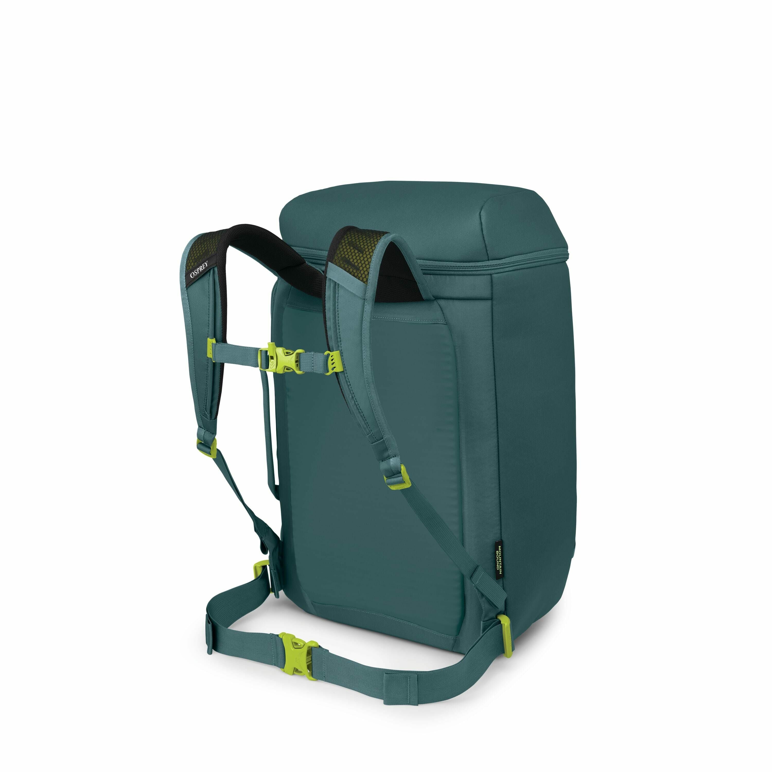 The image sequence showcases a teal backpack from various angles and in different stages of assembly, highlighting its modular design. Initially, the full backpack is shown with its shoulder straps and back panel clearly visible, featuring bright yellow-g