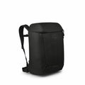 The images depict a sleek and modern black backpack by Osprey, specifically the Arcane model. It features a minimalist design with clean lines and subtle branding embossed on the front. The backpack appears to have padded shoulder straps and a top handle