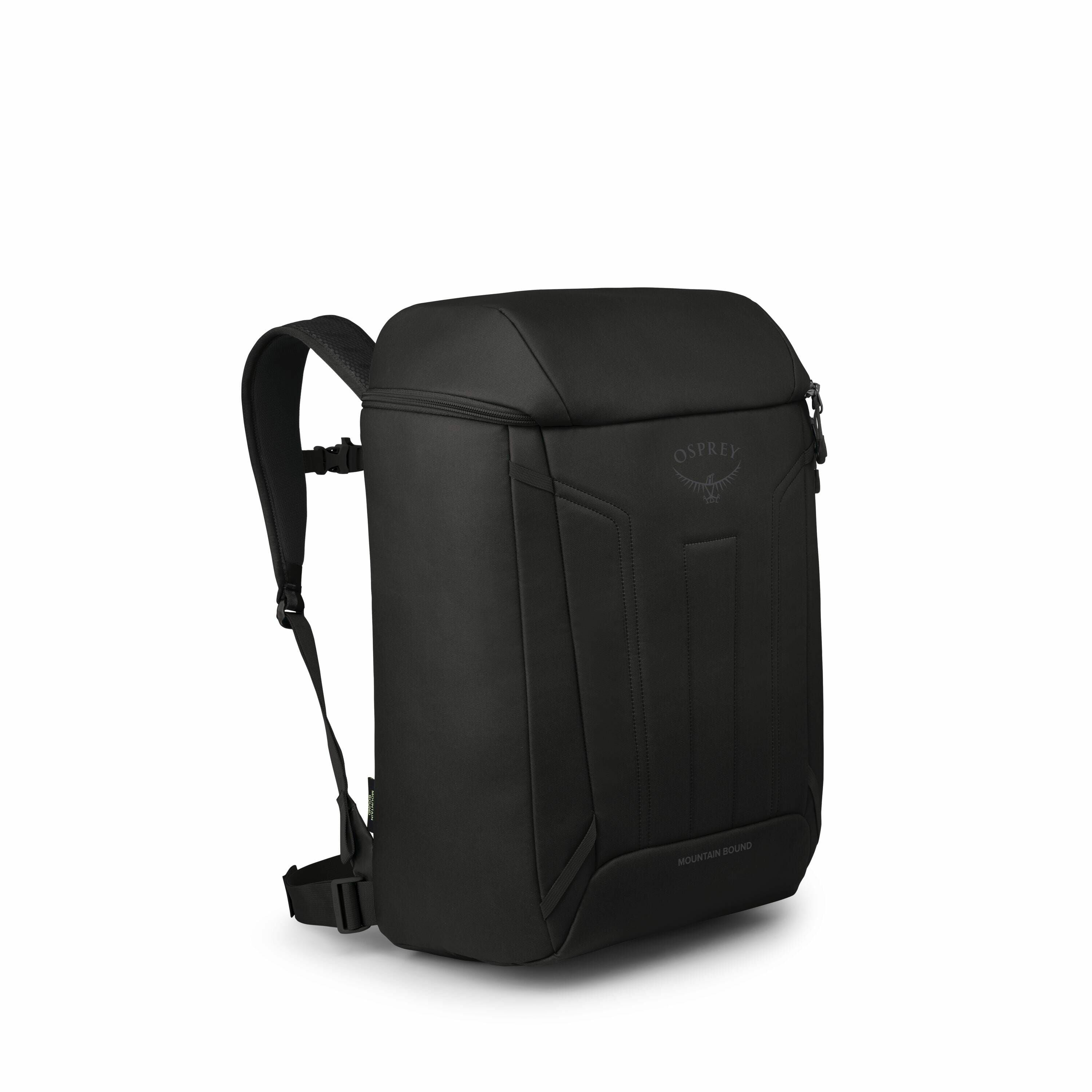 The images depict a sleek and modern black backpack by Osprey, specifically the Arcane model. It features a minimalist design with clean lines and subtle branding embossed on the front. The backpack appears to have padded shoulder straps and a top handle