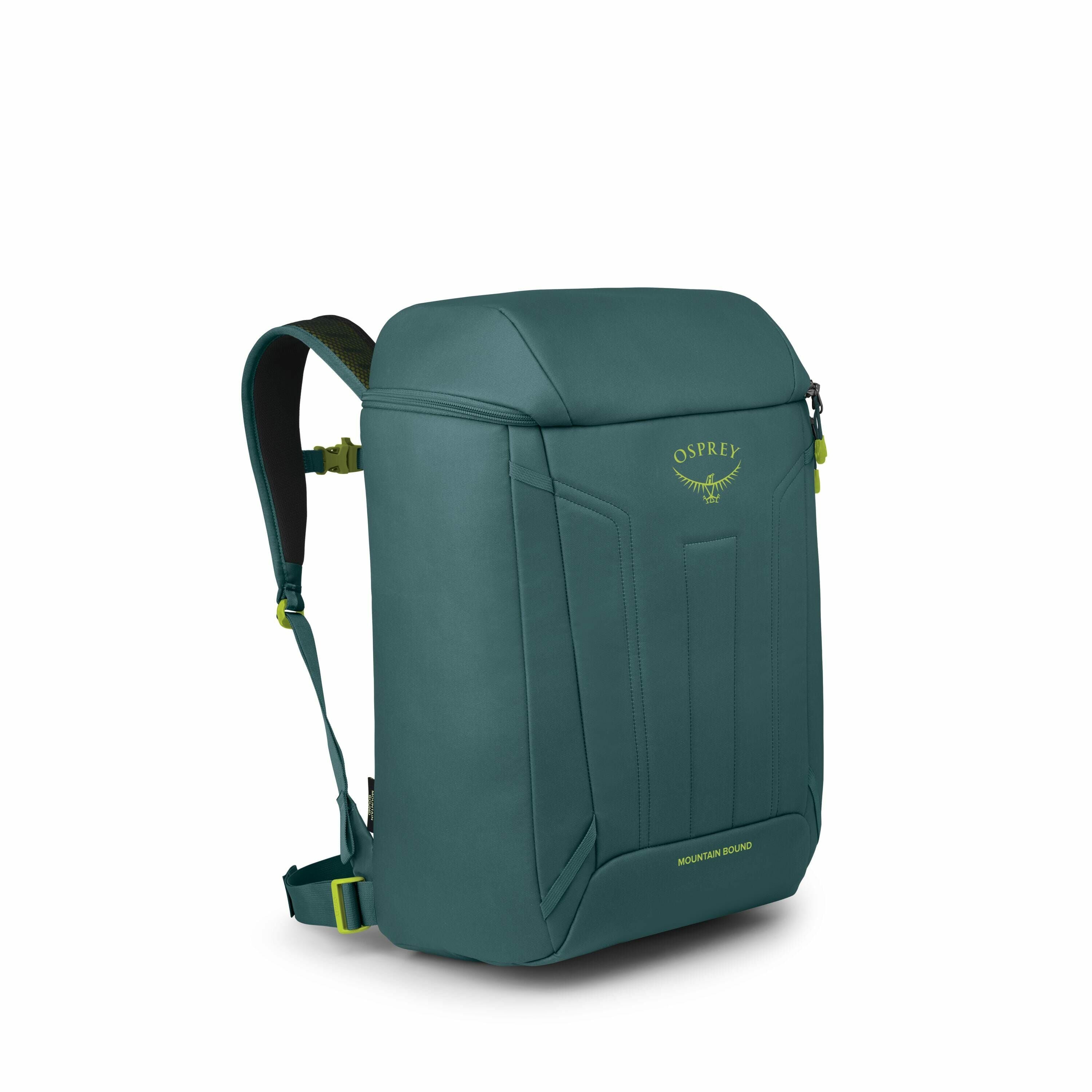 The image features a green backpack designed by Osprey, showcasing a sleek and modern design. The backpack is primarily deep green with subtle lime green accents, particularly on the handle and buckles. It has a boxy shape with a smooth exterior, characte