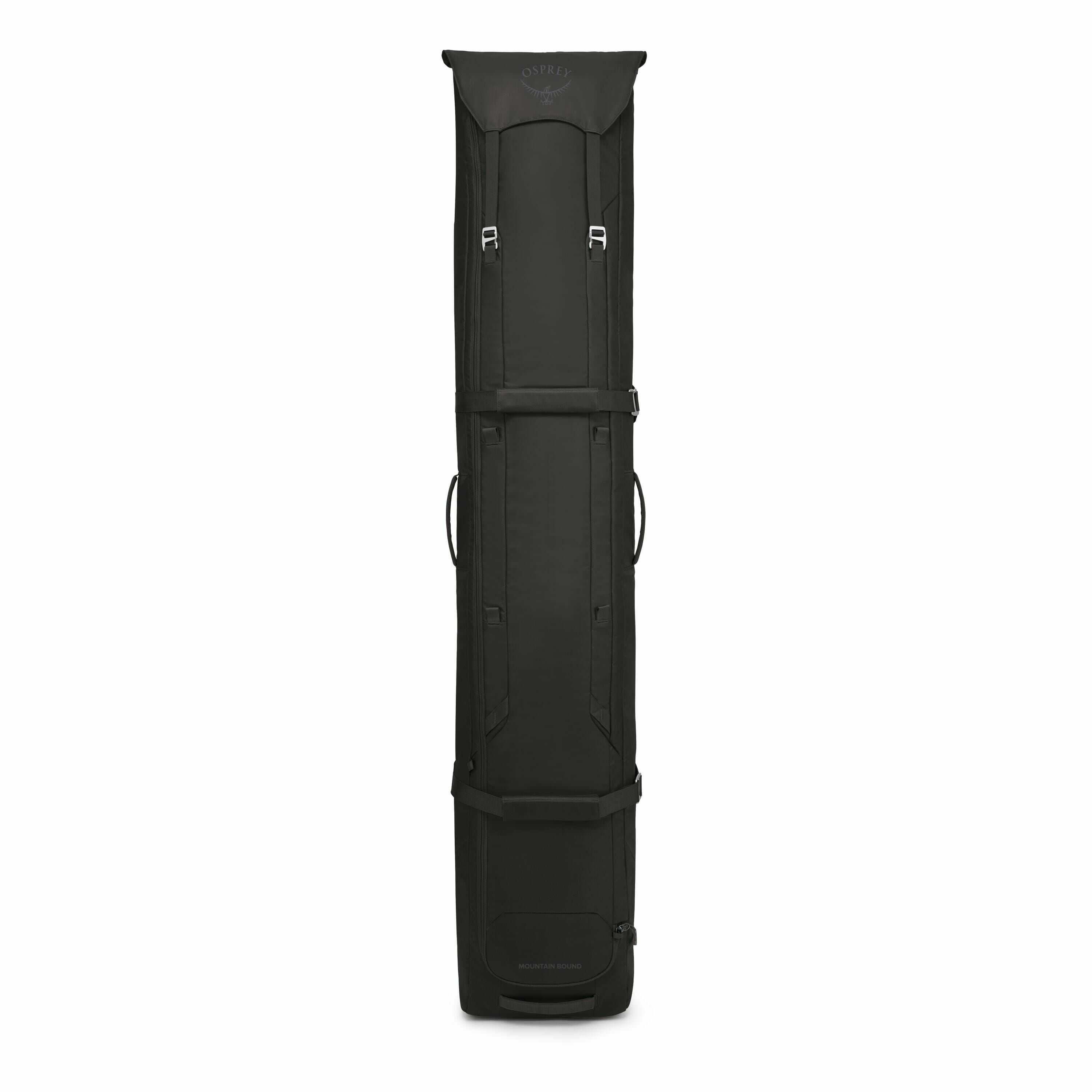 The images depict a large, black ski bag designed for carrying skis, likely featuring padded protection and reinforced stitching for durability. The bag has multiple handles and straps for easy carrying and maneuverability. The first three images show the