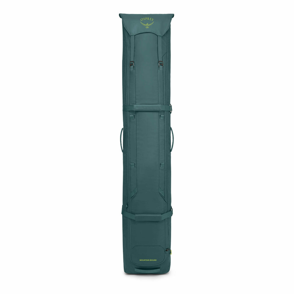 The image shows a tall, narrow travel bag designed specifically for transporting skis. It has a streamlined shape and is predominantly dark green in color, with subtle branding from the company "Osprey" visible at the top. The bag features multiple straps