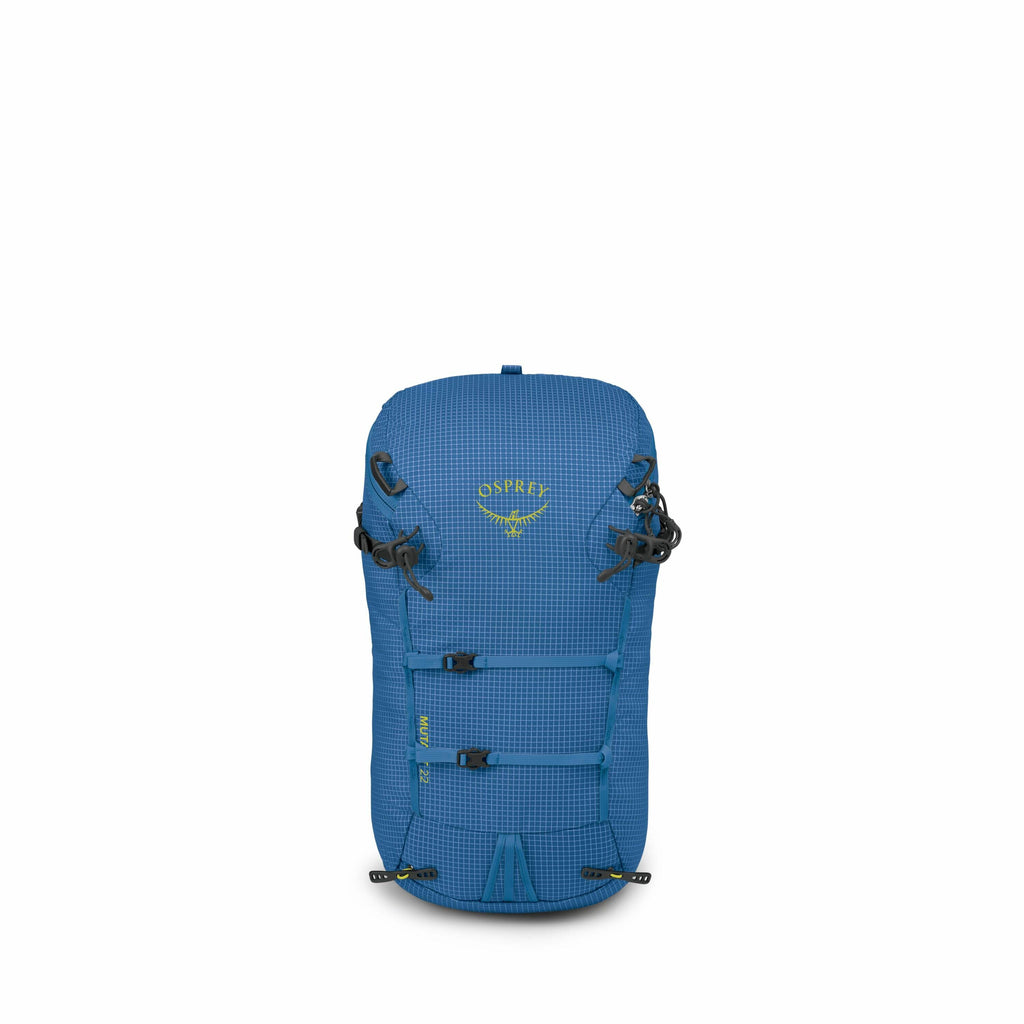 The image shows a blue Osprey backpack that appears to be designed for hiking or outdoor activities. The backpack features multiple adjustable straps and buckles on the front, which can be used to secure gear or adjust the fit. The Osprey logo is prominen