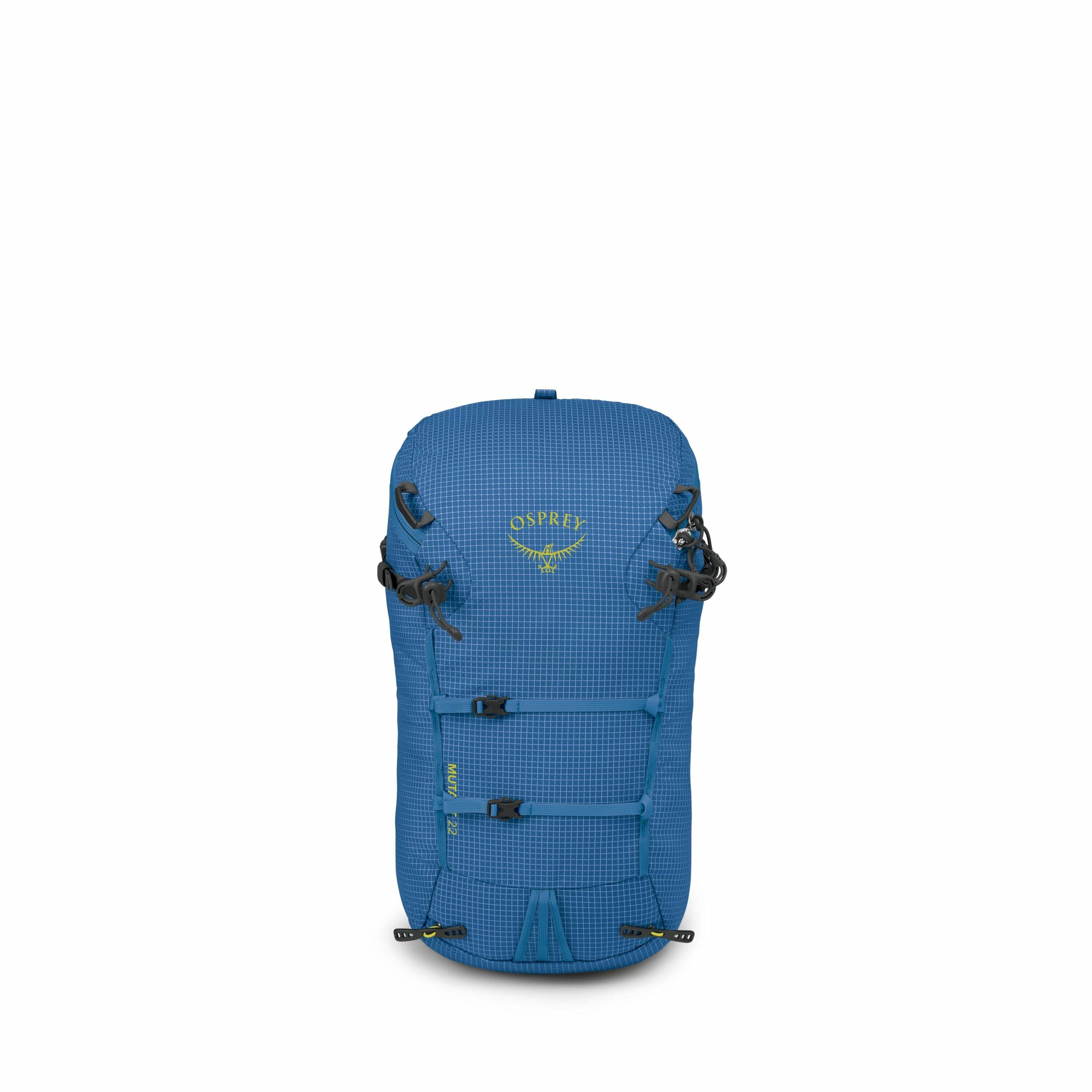 The image shows a blue Osprey backpack that appears to be designed for hiking or outdoor activities. The backpack features multiple adjustable straps and buckles on the front, which can be used to secure gear or adjust the fit. The Osprey logo is prominen