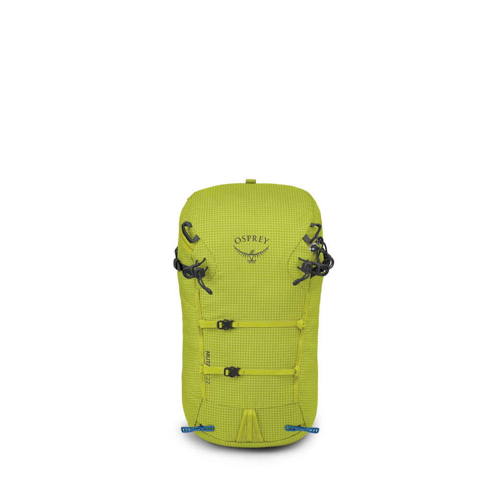 The images show a series of Osprey brand backpacks, specifically the Osprey Mutant 22 model, presented in a bright green color. The first three images display the backpack in various sizes, likely indicating different capacity models or alternate perspect