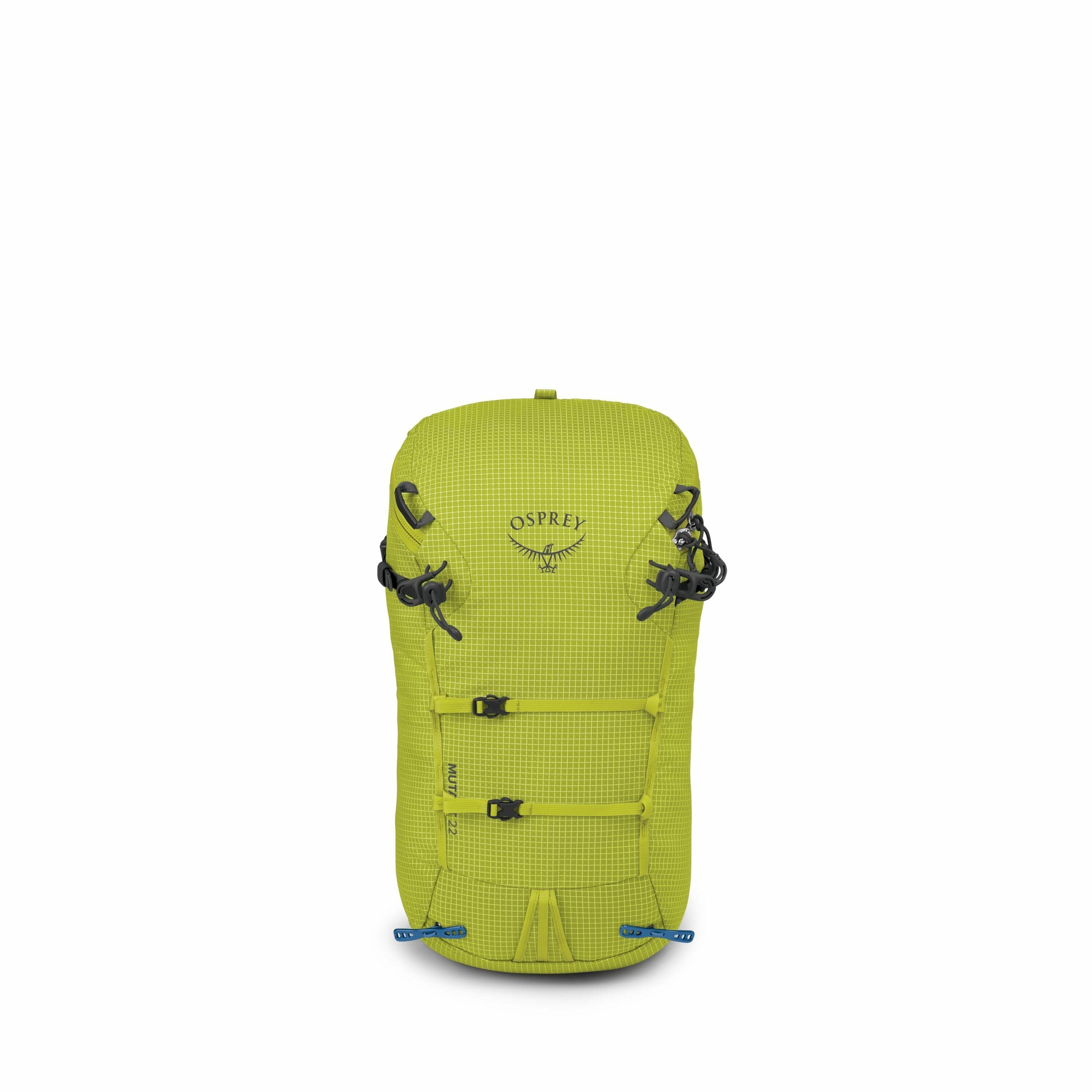 The images show a series of Osprey brand backpacks, specifically the Osprey Mutant 22 model, presented in a bright green color. The first three images display the backpack in various sizes, likely indicating different capacity models or alternate perspect