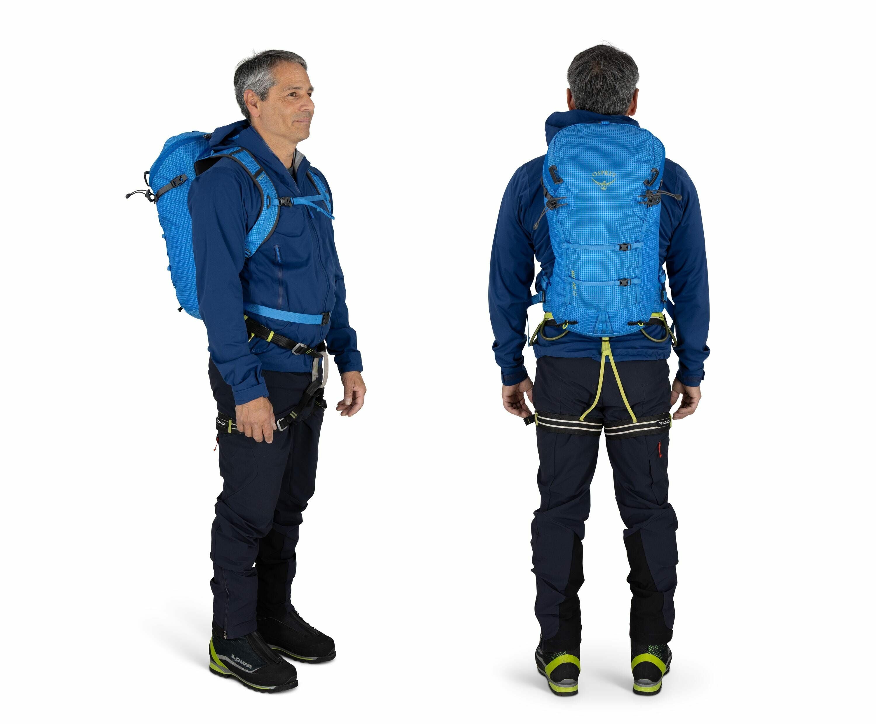 The image shows a man dressed in hiking or outdoor gear, captured from both front and back views. He is wearing a bright blue jacket with matching blue backpack, and the backpack features a sleek, compact design with multiple securing straps. The outfit i