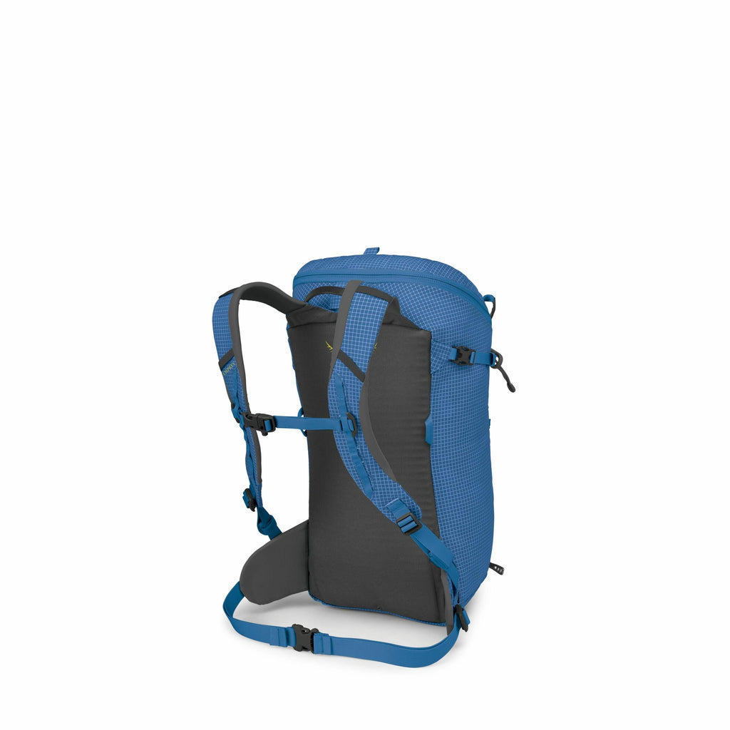 The images show a deconstructed view of a blue and black backpack, with each image progressively removing more parts to reveal the individual components. The first image displays the fully assembled backpack, showcasing its structure, including shoulder s