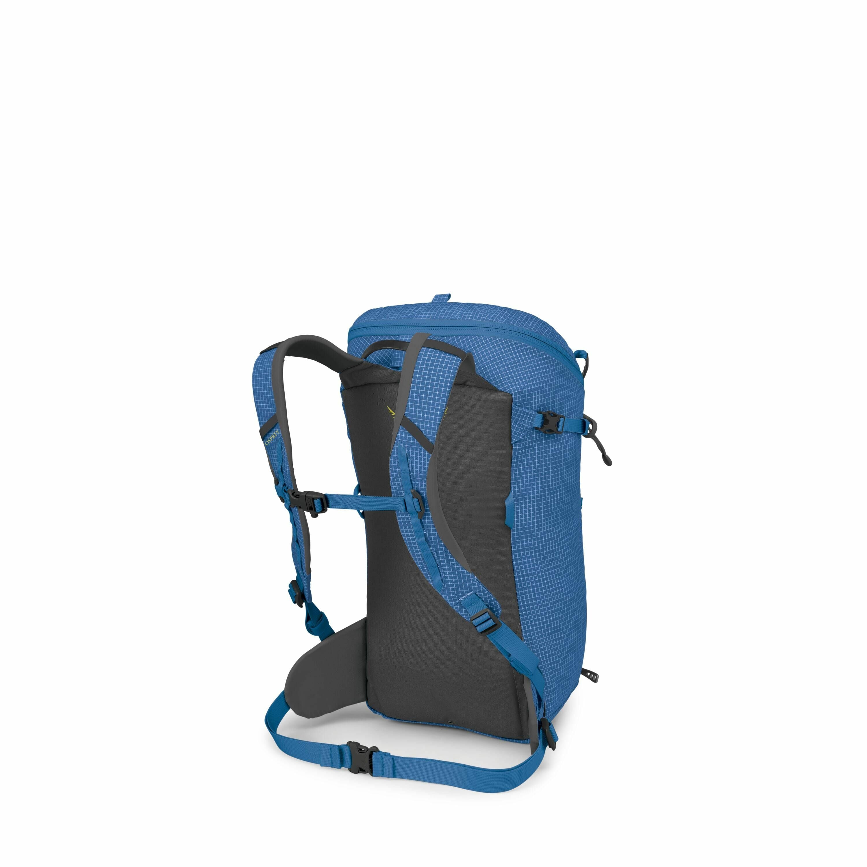 The images show a deconstructed view of a blue and black backpack, with each image progressively removing more parts to reveal the individual components. The first image displays the fully assembled backpack, showcasing its structure, including shoulder s