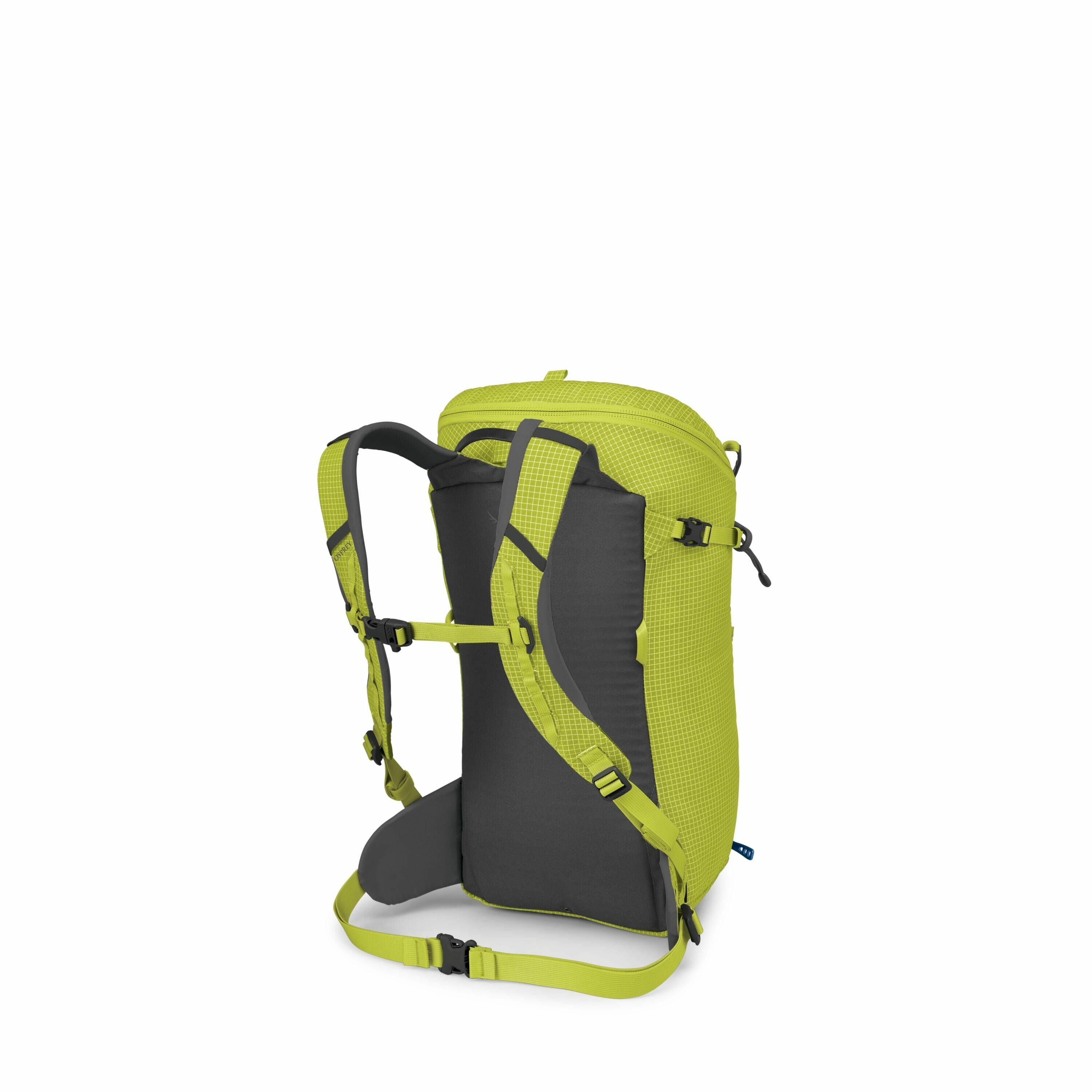 The image sequence appears to be showing a 3D animation of a bright green and gray backpack gradually disassembling into its component parts. The backpack has a streamlined, lightweight design with padded shoulder straps, a sternum strap, and a waist belt