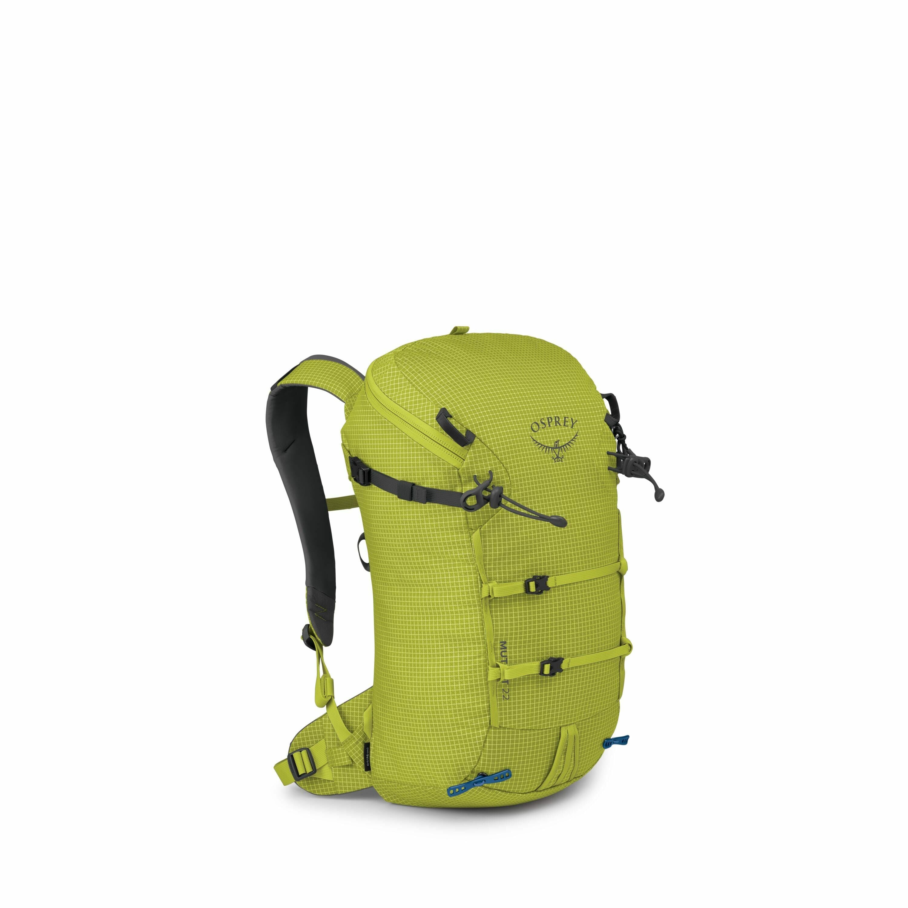 The image features a bright lime green backpack with a sleek and compact design, likely designed for hiking or outdoor activities. It has a top-loading compartment with a lid secured by buckles, and the Osprey logo is prominently displayed on the top flap
