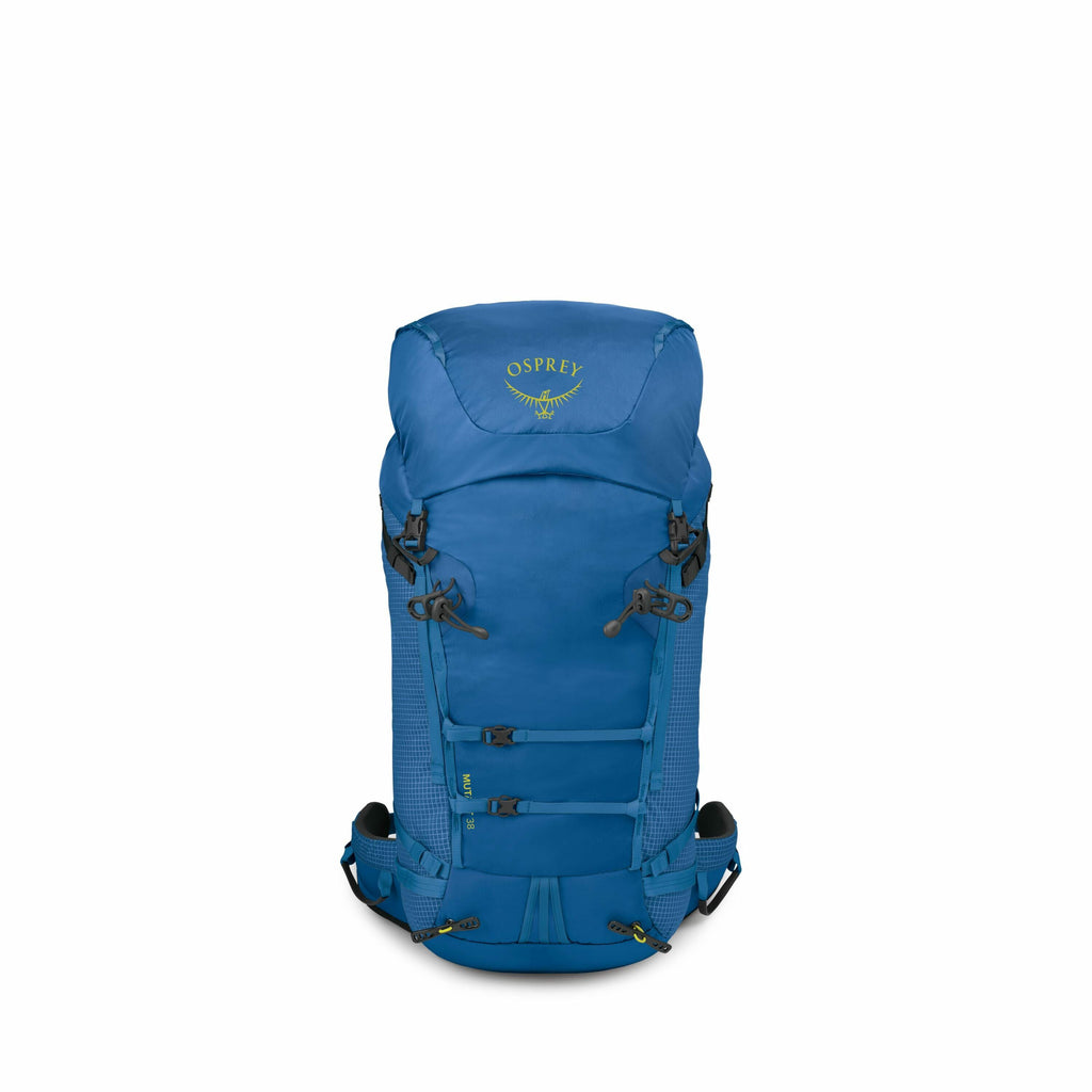 The images showcase a blue Osprey backpack with various elements highlighted in each picture. The first two images display the full backpack from a front view, emphasizing its structured, elongated design with multiple straps and clips for securing gear.