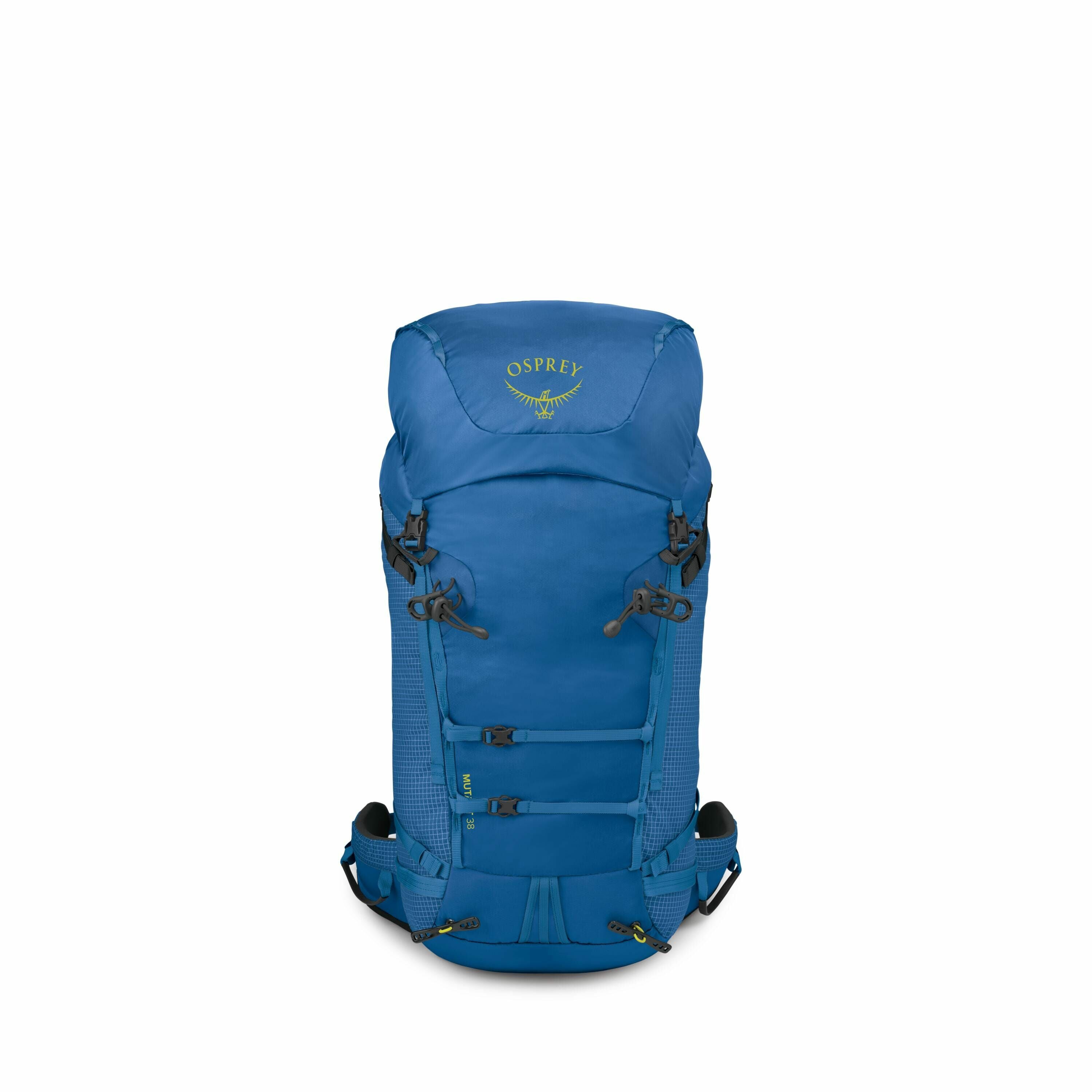 The images showcase a blue Osprey backpack with various elements highlighted in each picture. The first two images display the full backpack from a front view, emphasizing its structured, elongated design with multiple straps and clips for securing gear.