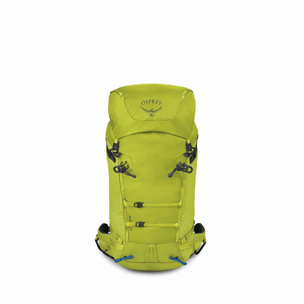 The image displays a bright green backpack designed by Osprey. It features multiple compartments and straps for securing items, indicating its utility for outdoor activities like hiking or camping. The backpack includes adjustable shoulder straps, side me