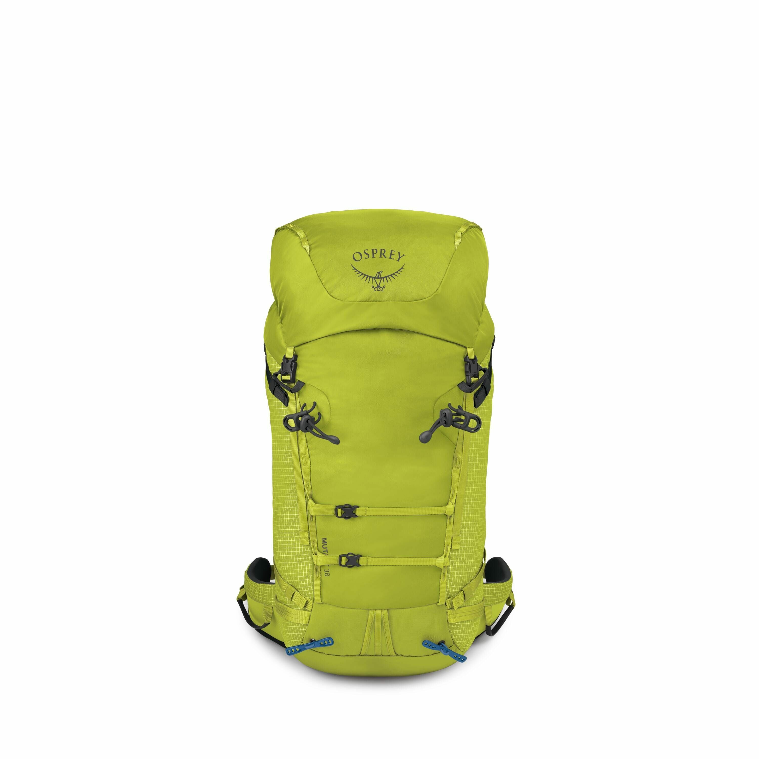 The image displays a bright green backpack designed by Osprey. It features multiple compartments and straps for securing items, indicating its utility for outdoor activities like hiking or camping. The backpack includes adjustable shoulder straps, side me