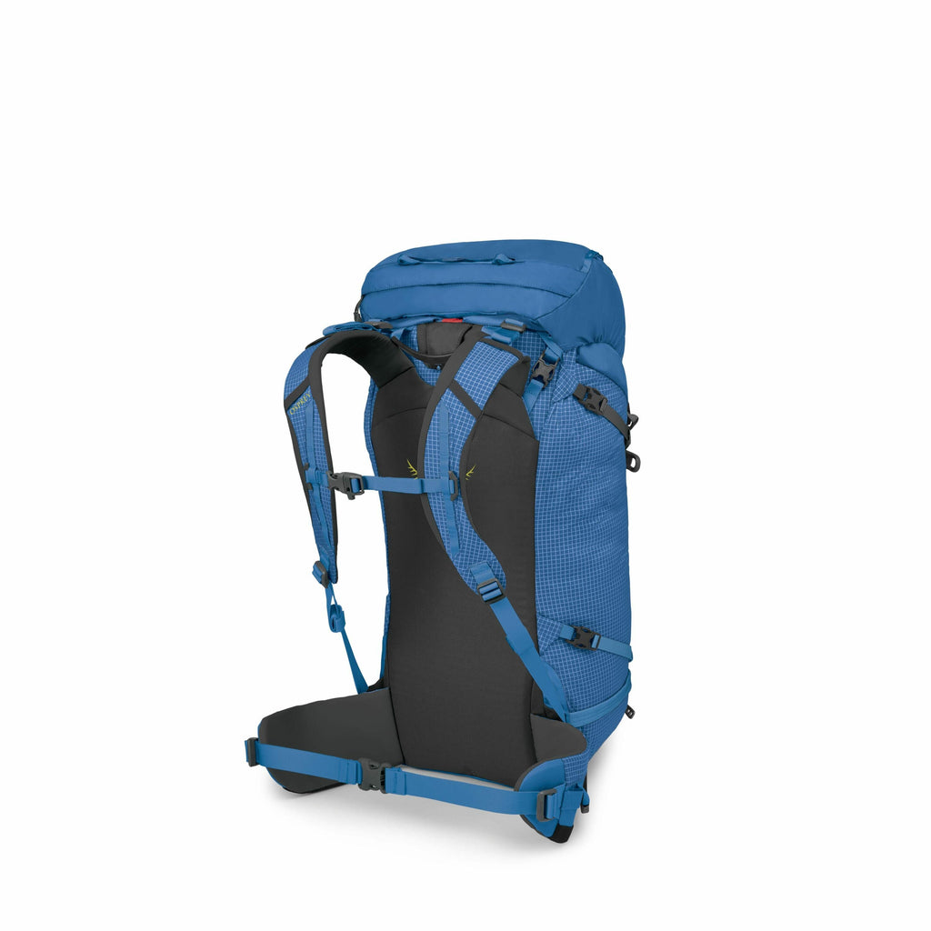 The image shows a blue backpack designed for hiking or outdoor activities, viewed from the back. The backpack features padded shoulder straps and a waist belt for ergonomic support and comfort during use. There are adjustment straps visible on the shoulde