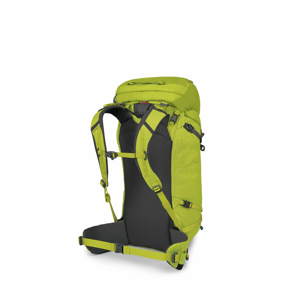 The image shows a bright green backpack with various detachable components, illustrating its modular design. The backpack features adjustable shoulder straps, a padded back panel for comfort, and a supportive waist belt. The series of smaller images depic