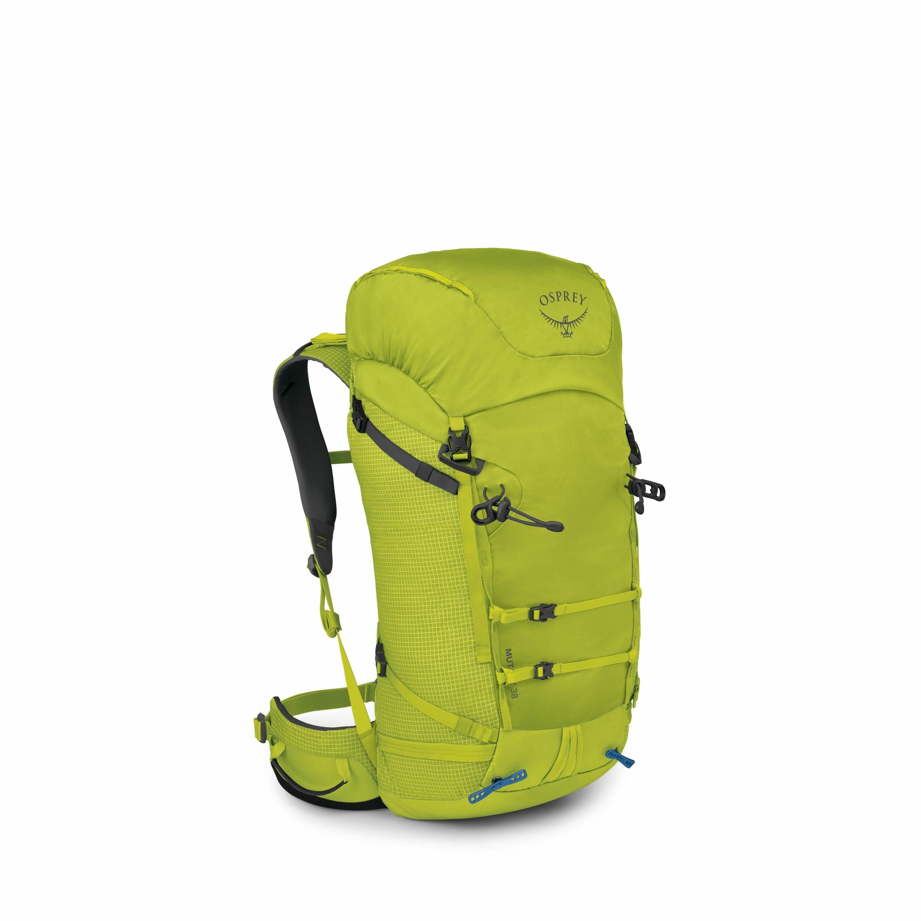 The image showcases a lime green Osprey backpack positioned against a plain white background. The backpack features a top loading design with a drawstring closure under the top flap, which is emblazoned with the Osprey logo. It has adjustable shoulder str