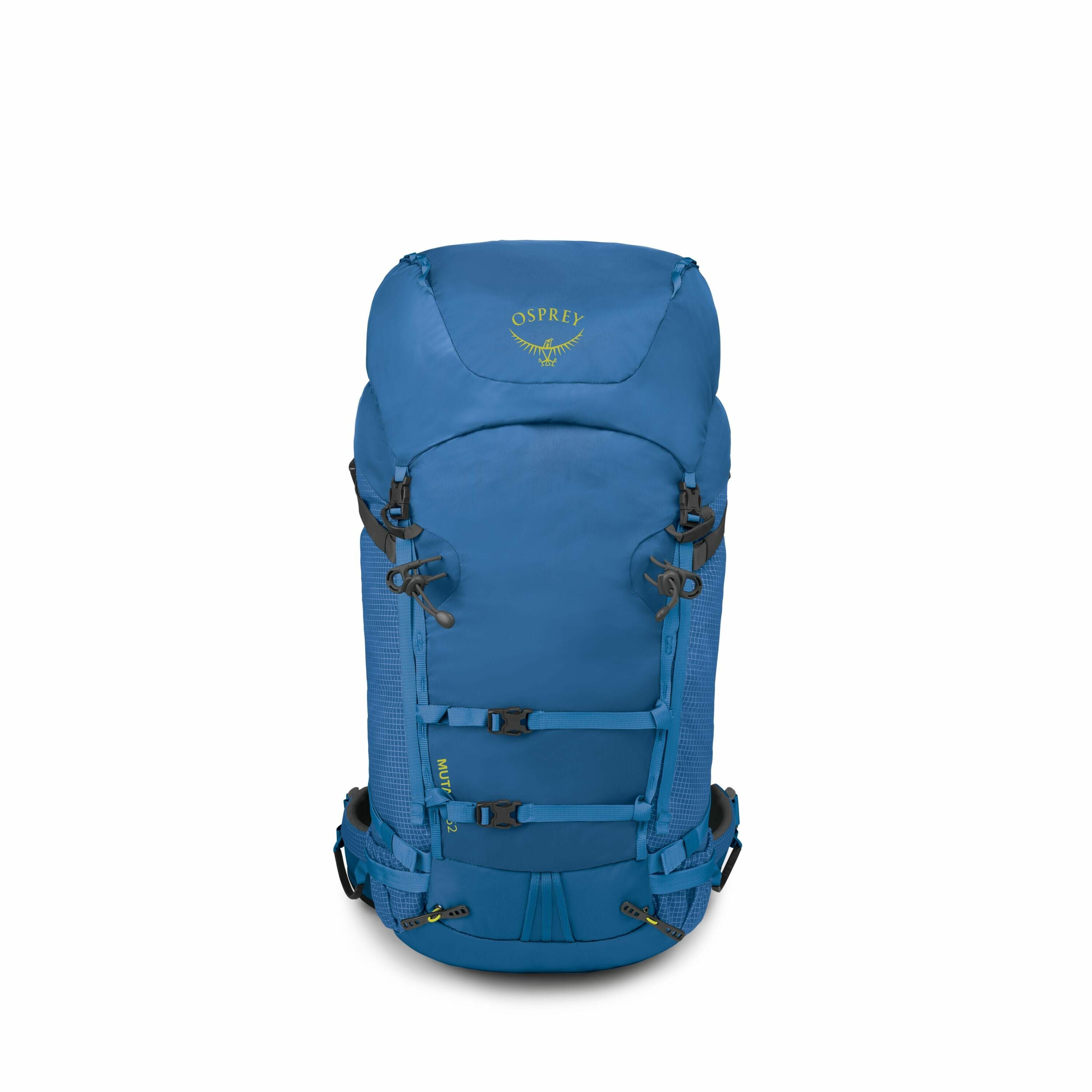 The image is of a blue Osprey backpack, specifically designed for hiking or outdoor activities. The backpack features a top-loading design with a lid secured by buckles and straps, providing adjustable storage capacity. There are multiple attachment point