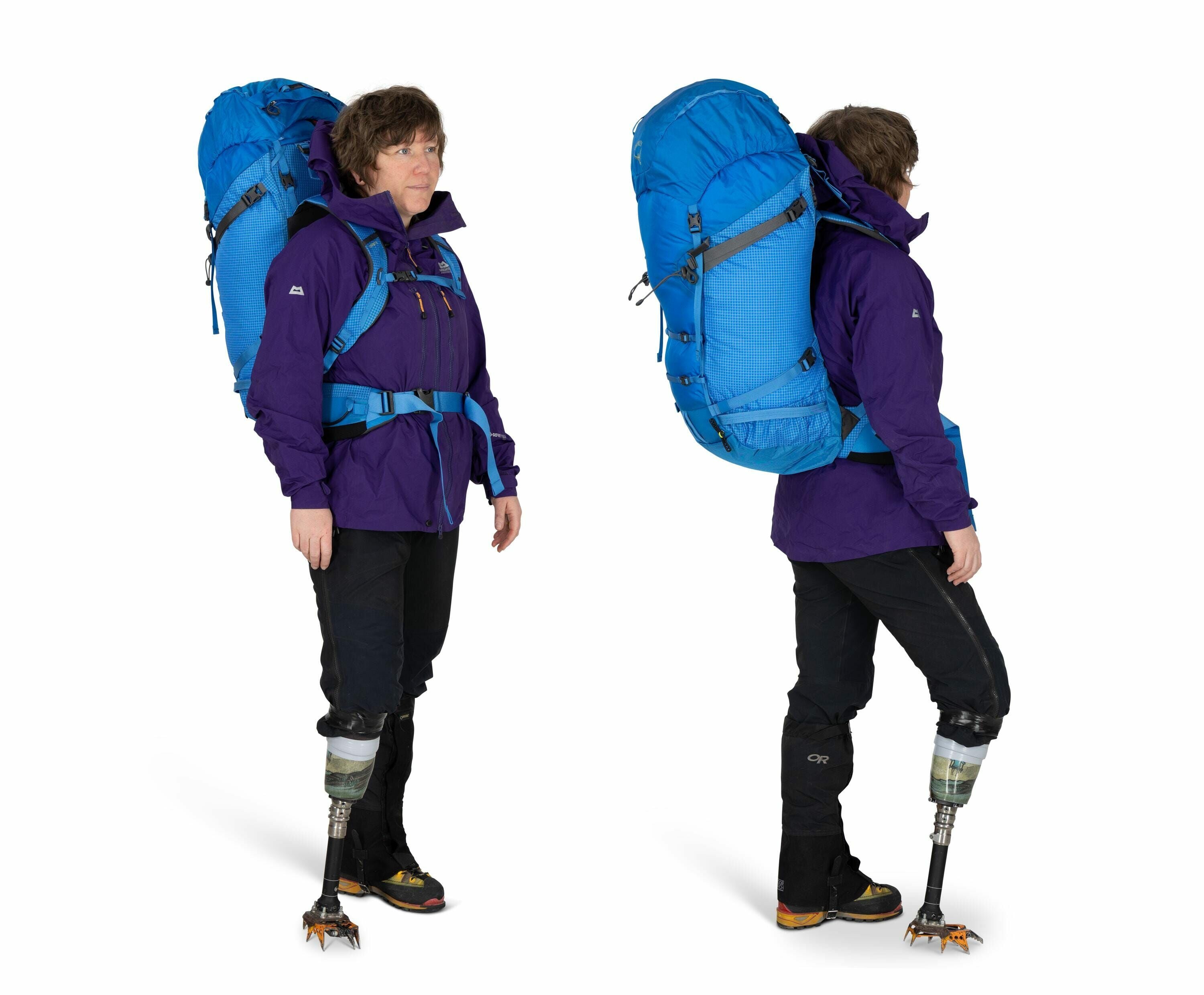 The image features a person standing against a white background in two poses: facing forward and in profile. The individual is equipped for outdoor activities, wearing a purple jacket and black pants. They carry a large blue backpack secured with a matchi