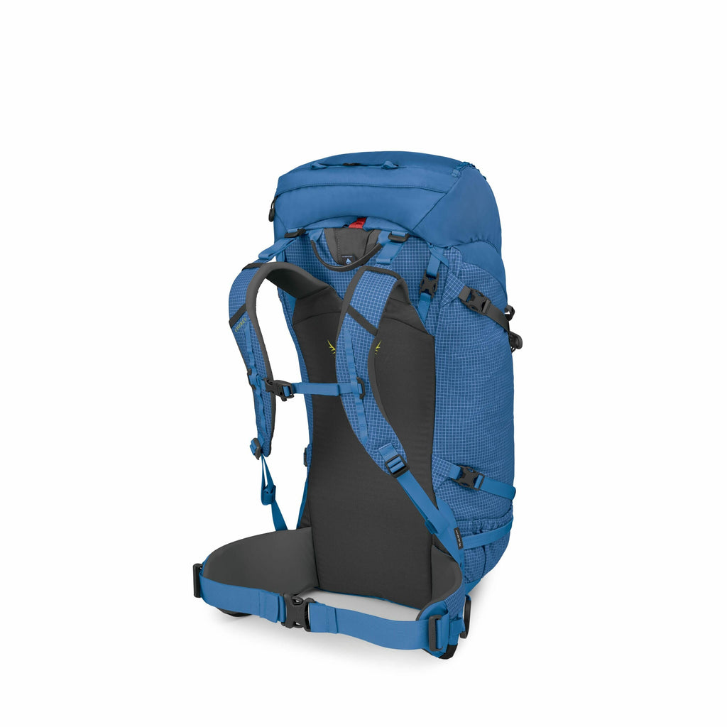 The images show a blue hiking backpack from various angles and in different stages of assembly. The first two images display the backpack fully assembled, showcasing its design with adjustable shoulder straps, a padded back panel, and a waist belt for add