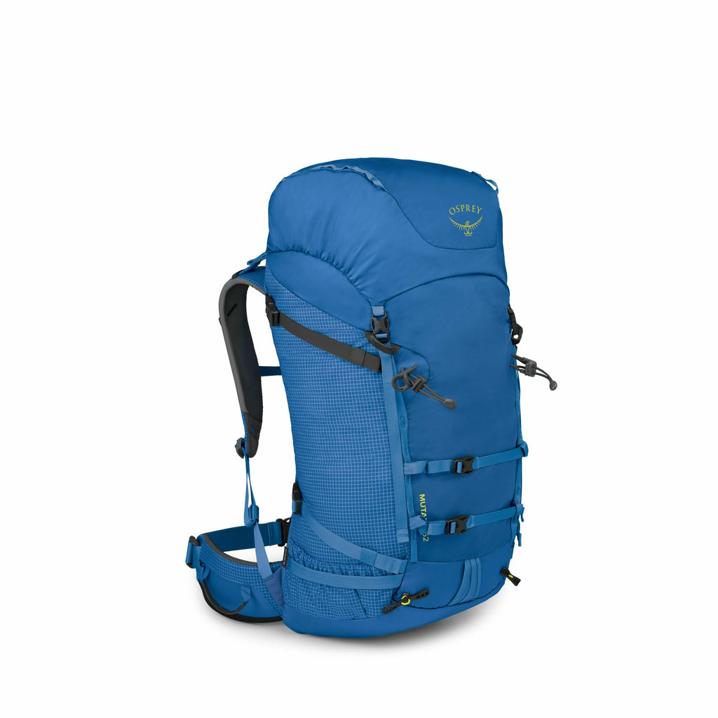 The image features a blue Osprey backpack designed for outdoor activities such as hiking or trekking. It has a streamlined shape with multiple adjustable straps and buckles for securing items and ensuring a comfortable fit. The backpack also includes mesh
