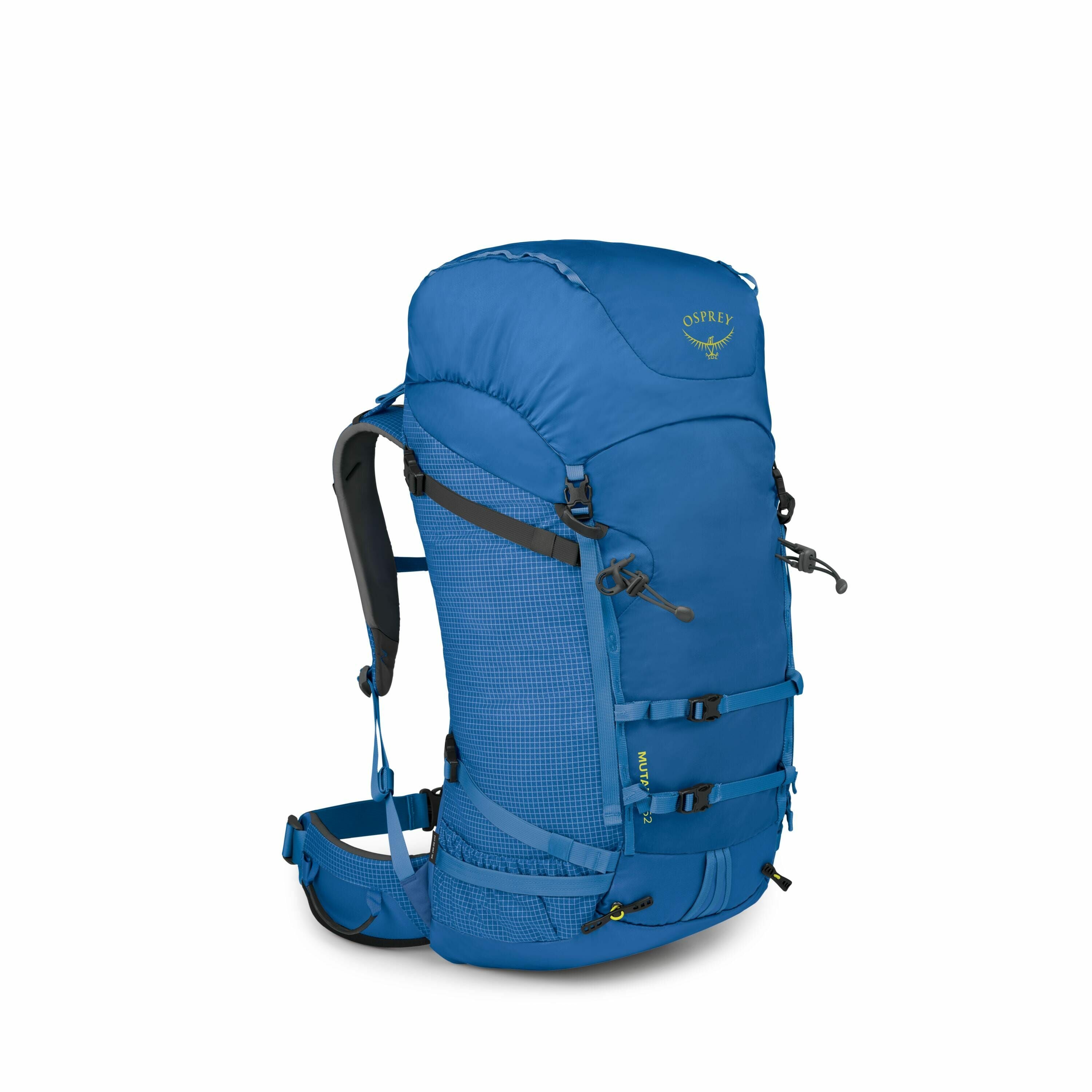 The image features a blue Osprey backpack designed for outdoor activities such as hiking or trekking. It has a streamlined shape with multiple adjustable straps and buckles for securing items and ensuring a comfortable fit. The backpack also includes mesh