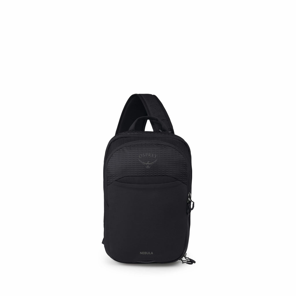 The image features a compact, black backpack made by the brand Osprey. The backpack has a simple and sleek design, suitable for everyday use or light travel. It has a main zippered compartment with the Osprey logo subtly embossed near the top, and a small