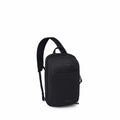 The image shows a sleek, compact black sling bag from the brand Osprey. The bag features a single adjustable shoulder strap, designed for easy, cross-body carrying. It has a minimalist design with a small, subtle logo of Osprey embossed on the upper front