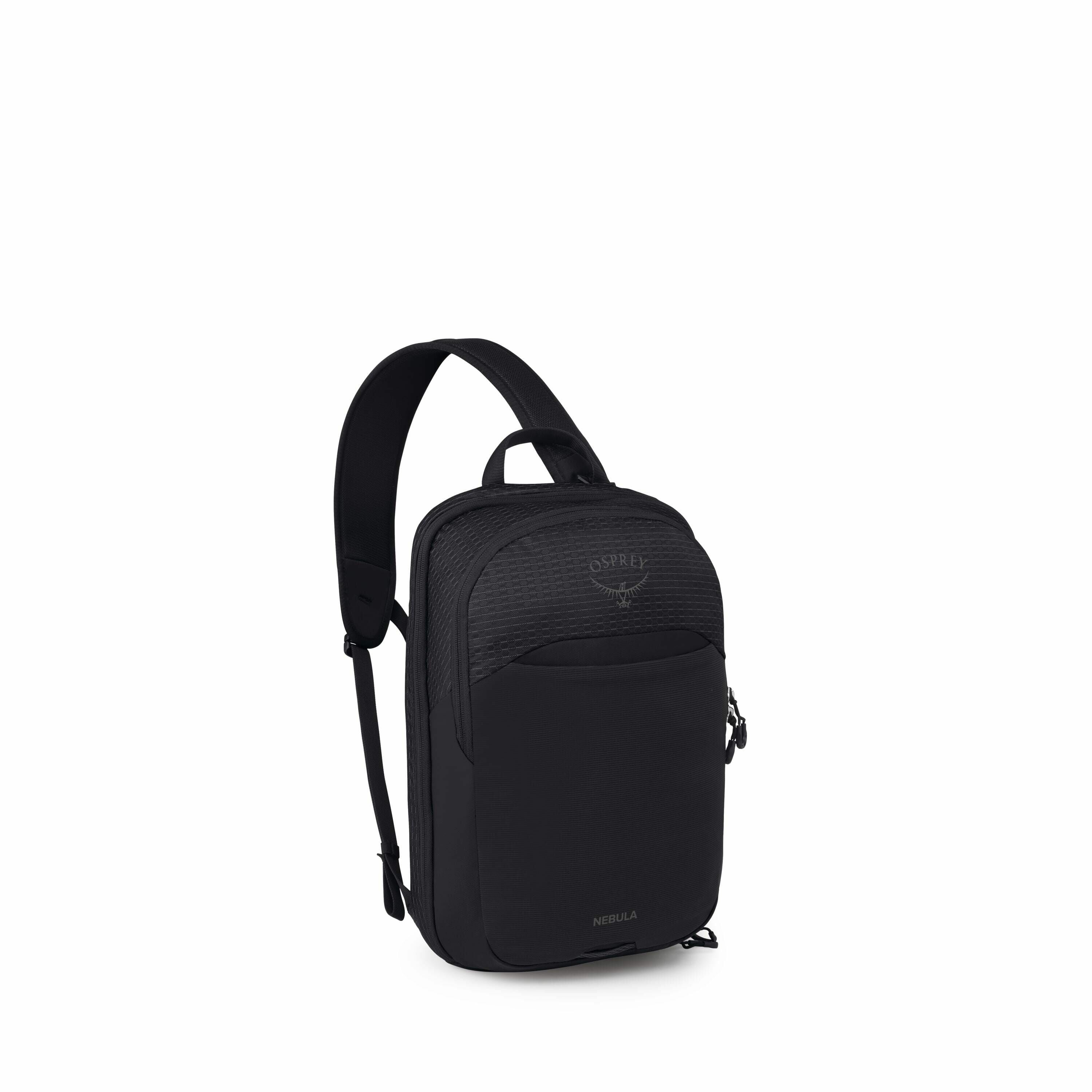The image shows a sleek, compact black sling bag from the brand Osprey. The bag features a single adjustable shoulder strap, designed for easy, cross-body carrying. It has a minimalist design with a small, subtle logo of Osprey embossed on the upper front