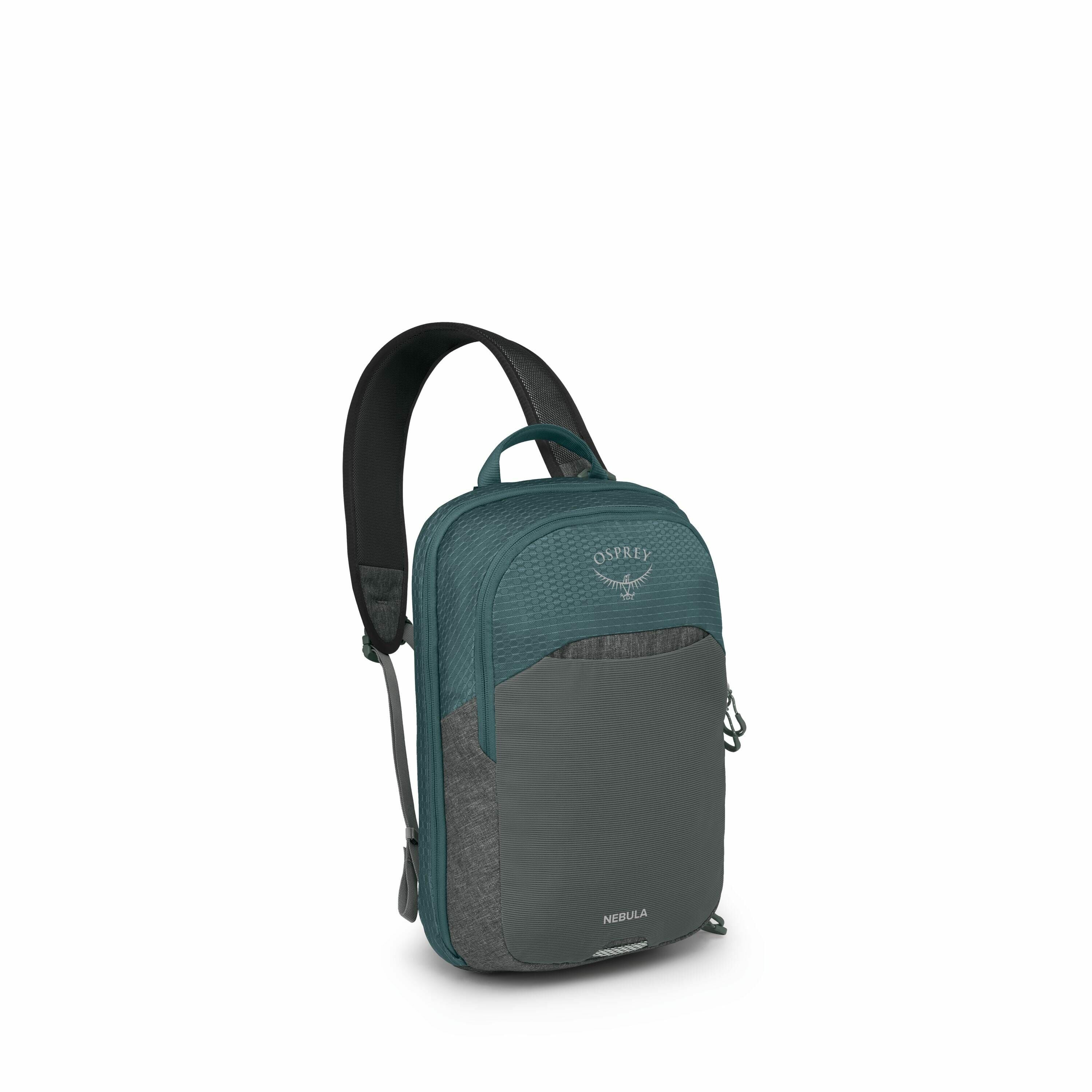 The image features a teal and gray Osprey backpack, specifically the Nebula model. The backpack has a sleek design with a large main compartment and a front pocket with a zipper, accented by different textures and shades of fabric. The shoulder straps are