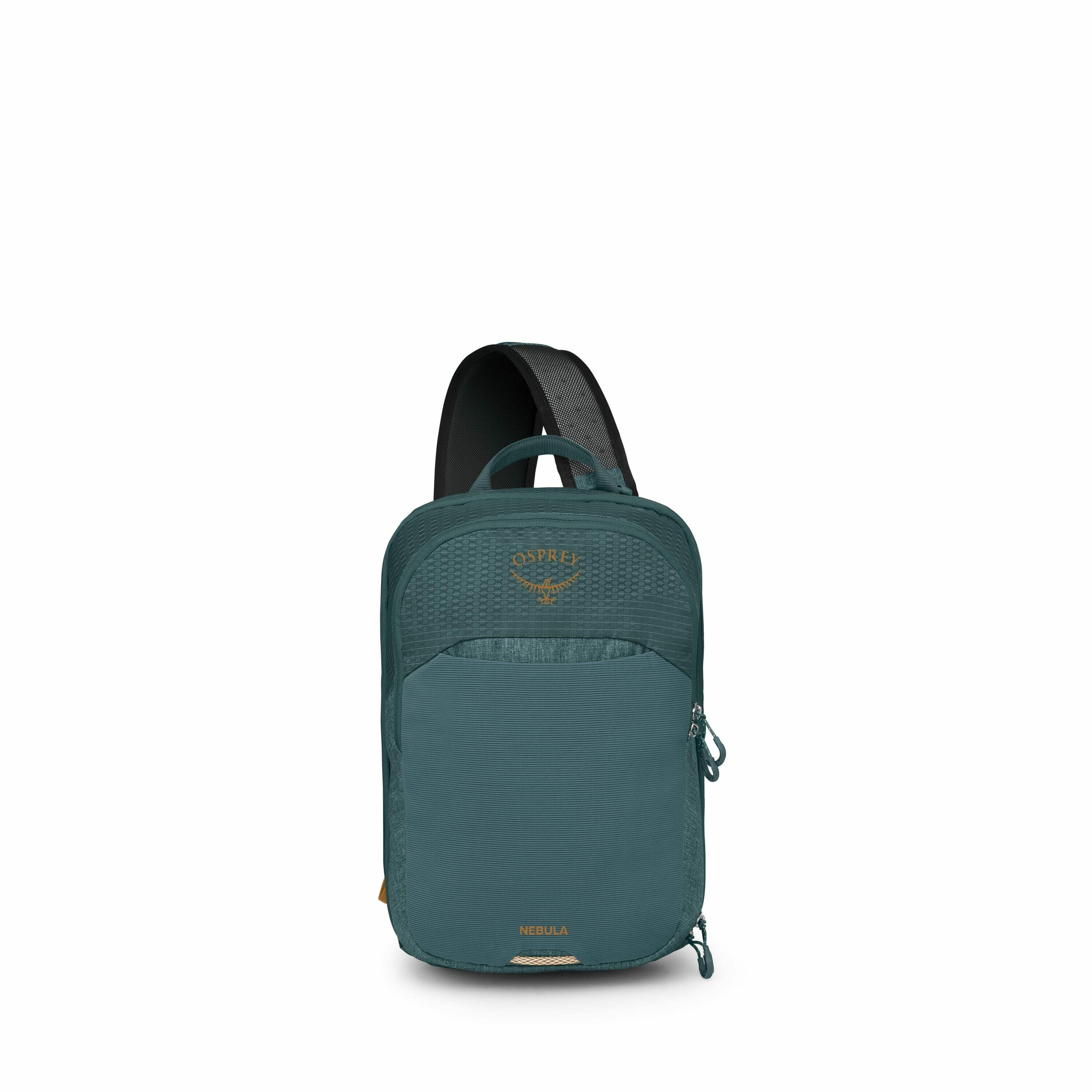 The image shows a compact, teal-colored sling backpack from the brand Osprey, specifically the Nebula model. The backpack features a main compartment with a zipper closure and a smaller front pocket, also with a zipper. The Osprey logo is prominently disp