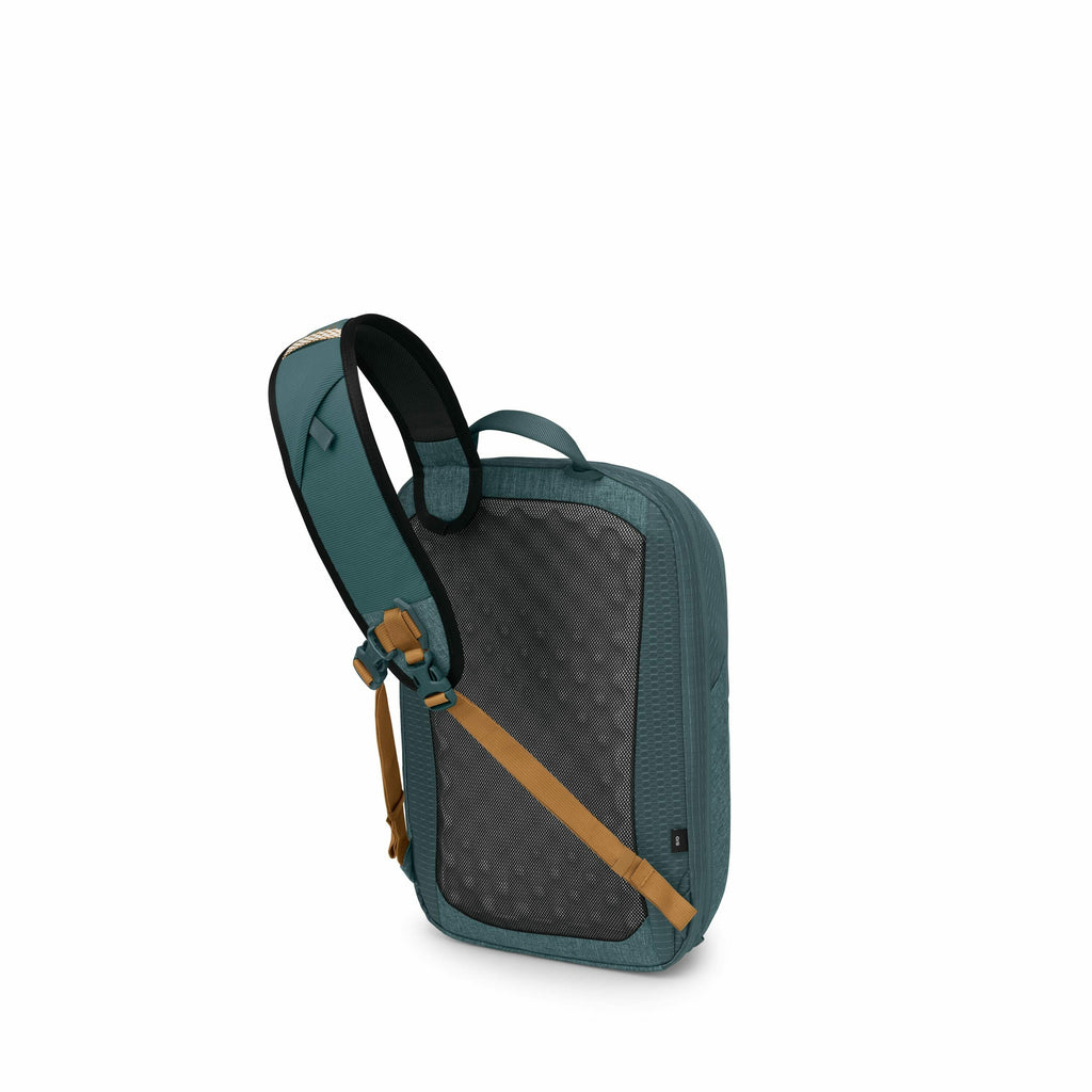 The images show a turquoise sling backpack from various angles. The backpack features a single shoulder strap that is adjustable, with a contrasting tan accent strap across the front, likely for additional security or style. The back of the backpack has a