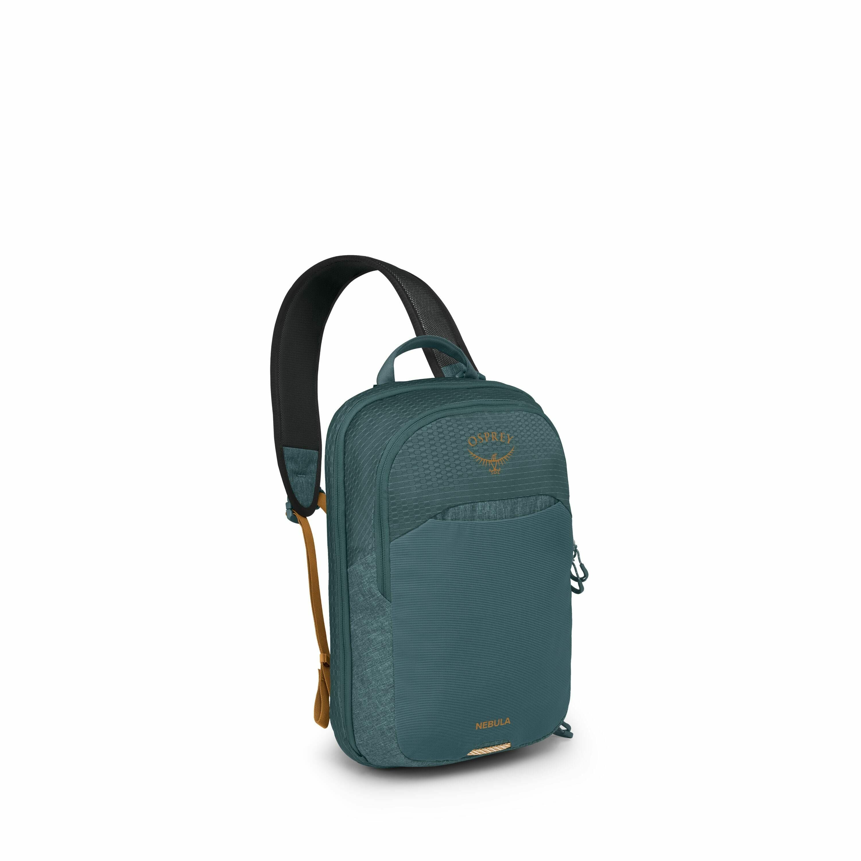 The image showcases a backpack with a streamlined design, primarily in a teal color. It has multiple compartments visible in the frontal view, including a zippered main compartment and a smaller front pocket, both integrated into the design. The branding
